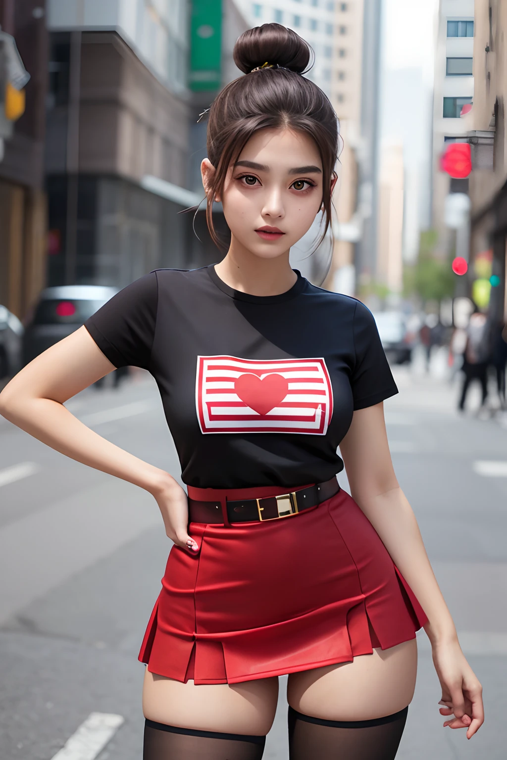 a beautiful 17yo turki woman, t-shirt, high waist short skirt , thighhighs, bun hair