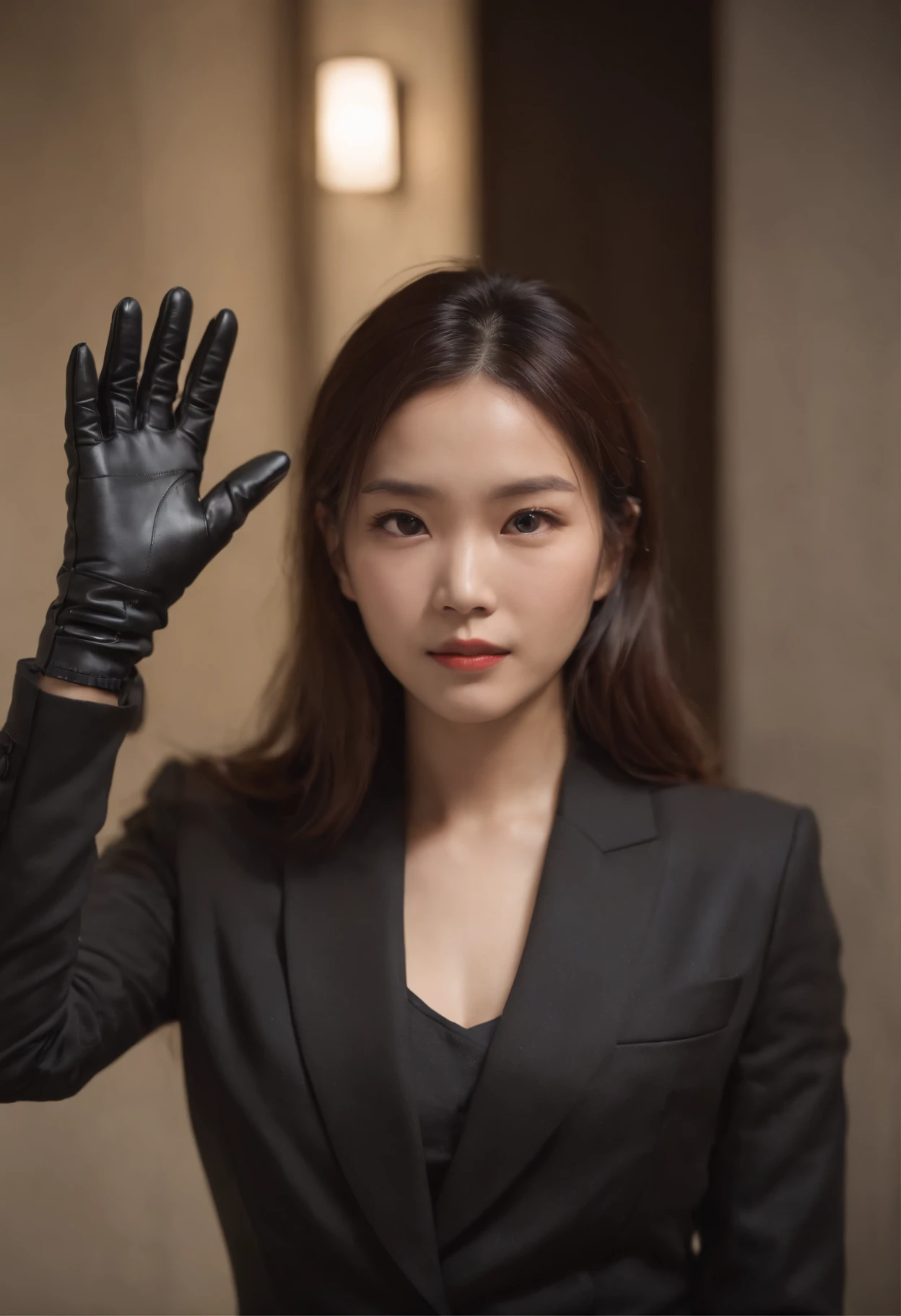 The shirt is also black、Wearing a black man's three-piece suit、Japan woman in black leather gloves