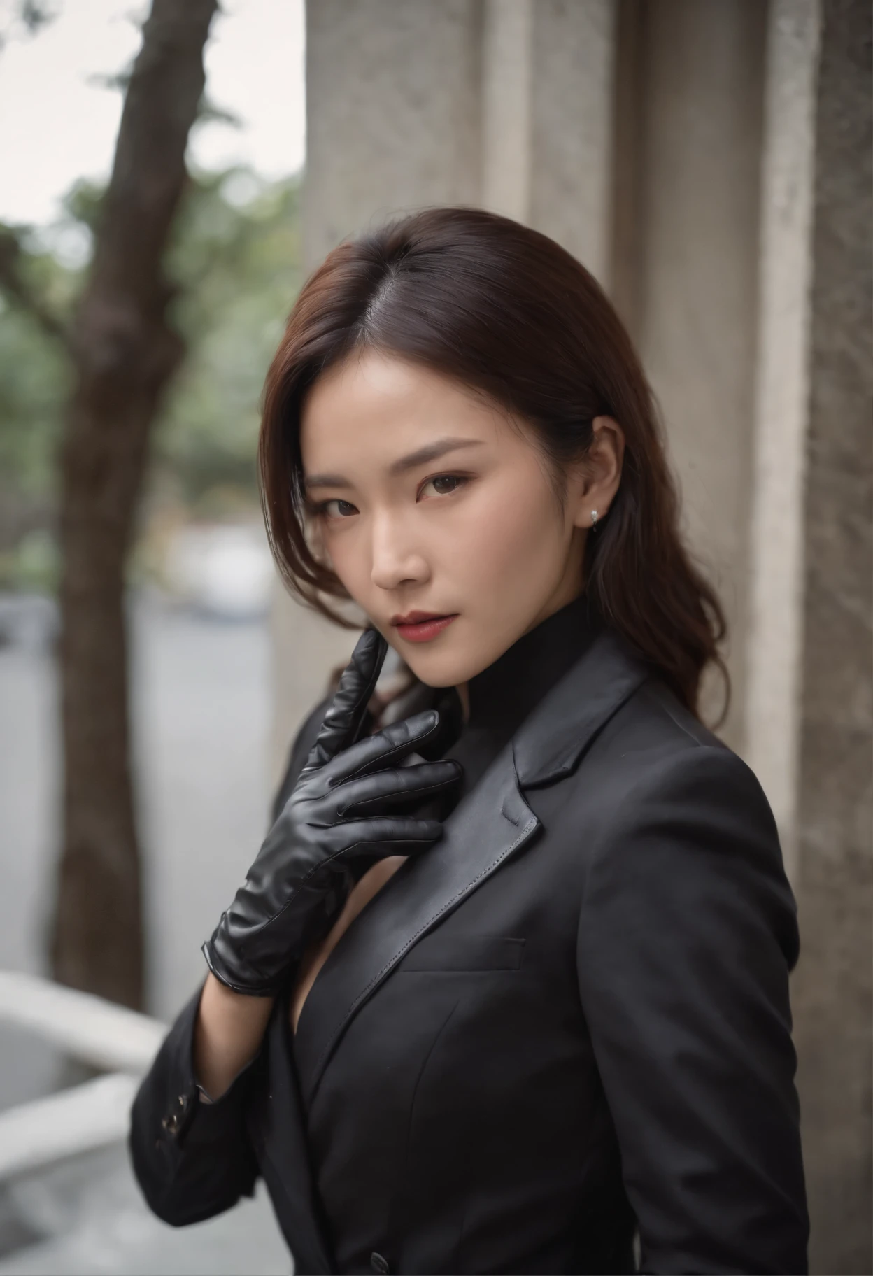 The shirt is also black、Wearing a black man's three-piece suit、Japan woman in black leather gloves