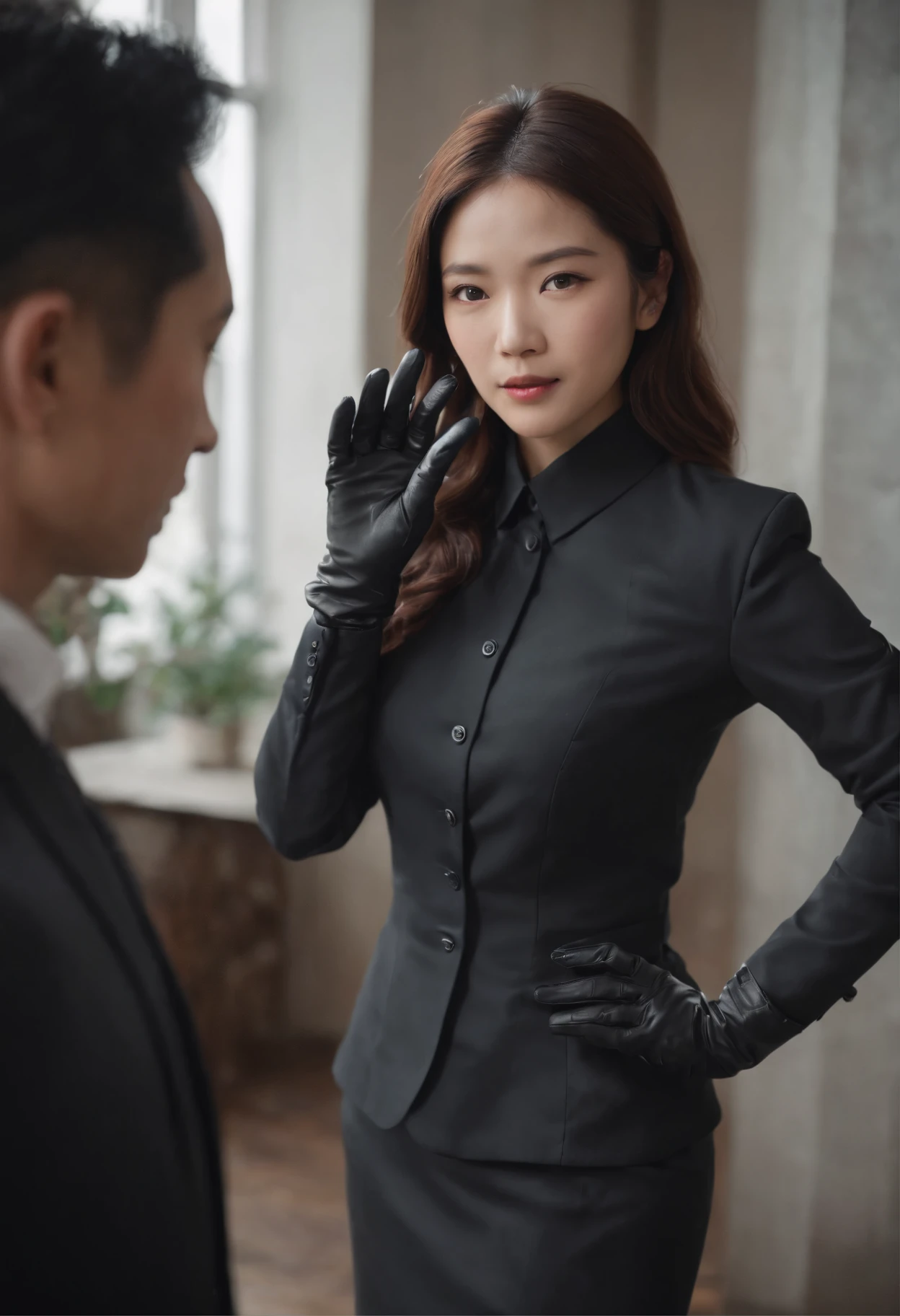 The shirt is also black、Wearing a black man's three-piece suit、Japan woman in black leather gloves