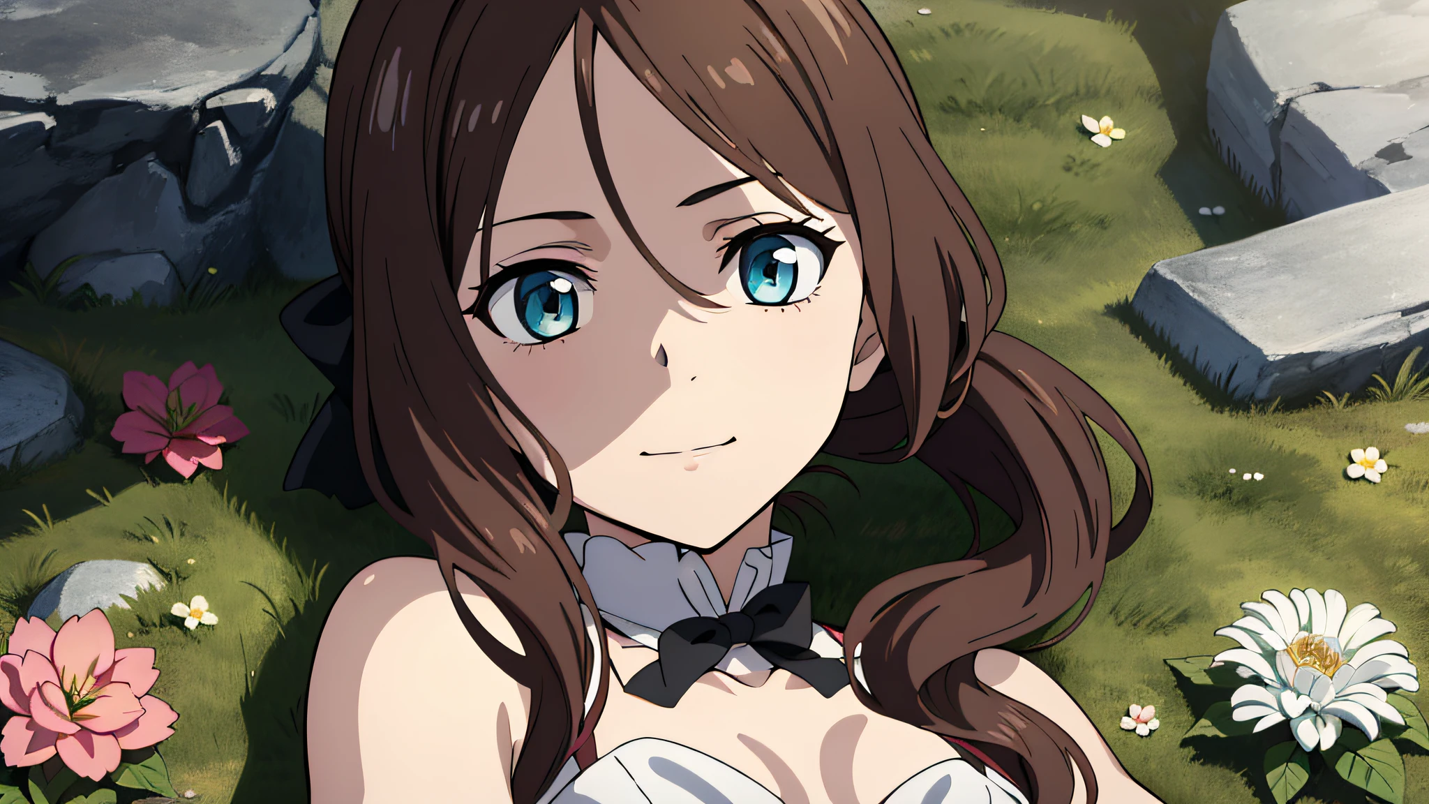2d, masterpiece, ultra-detailed face, highly detailed body, best quality, best shadow, perfect lighting, finely detail, 4k, davinci, aqua eyes, ponytail, hair bow, parted bangs, small breasts, ((petite, anime)), happy, flower, outside,
