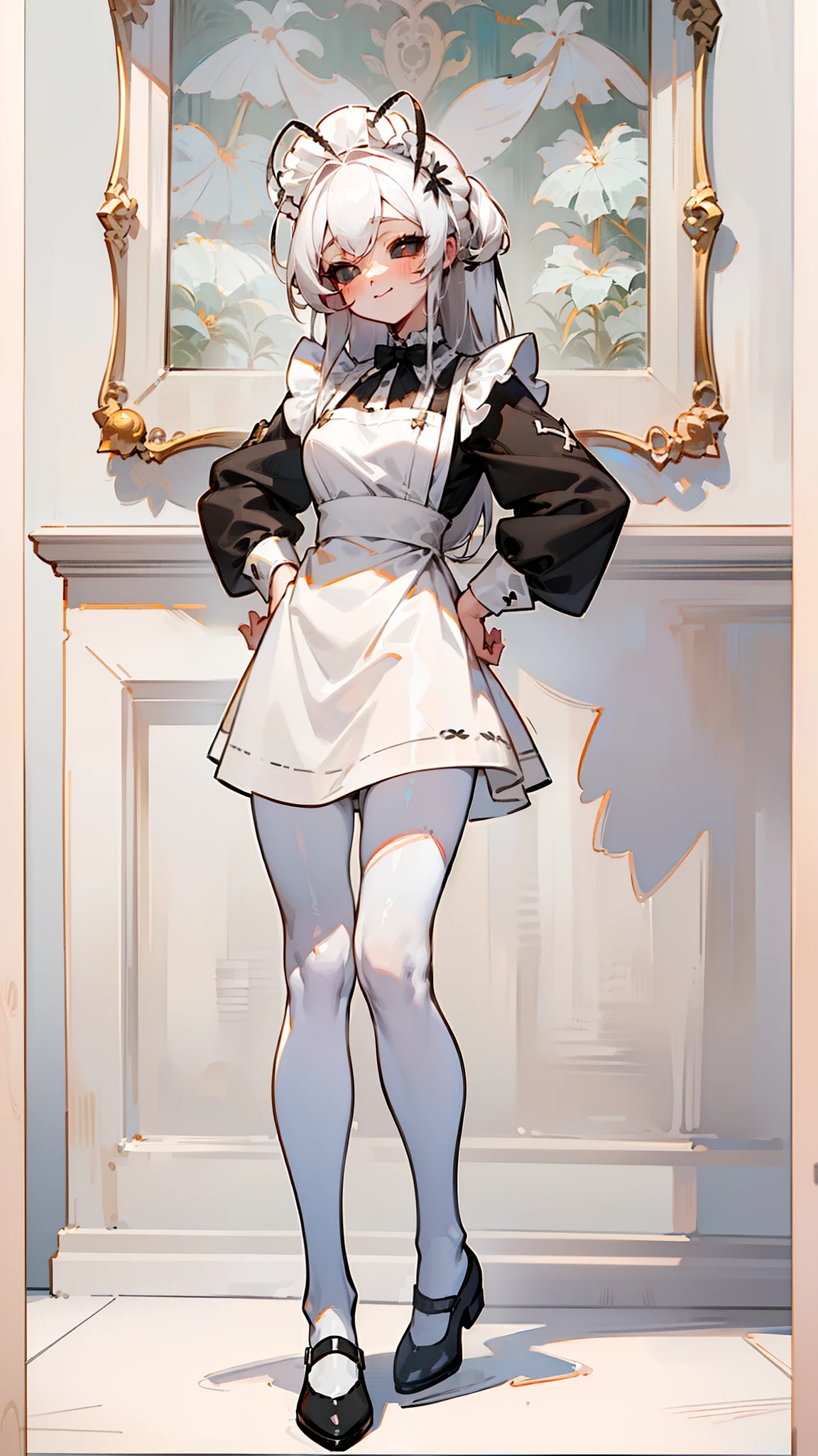 (Original Character,8k, Masterpiece, Best Quality,Detailed, Beautiful Detailed Eyes, solo),mature female,small, fine skin,blush,black eyes,black sclera,white hair,long hair,white pantyhose,(((hair 2antennas large))),((maid outfit)),standing in room in house, hands on hips, leaning forward, happy face,smile