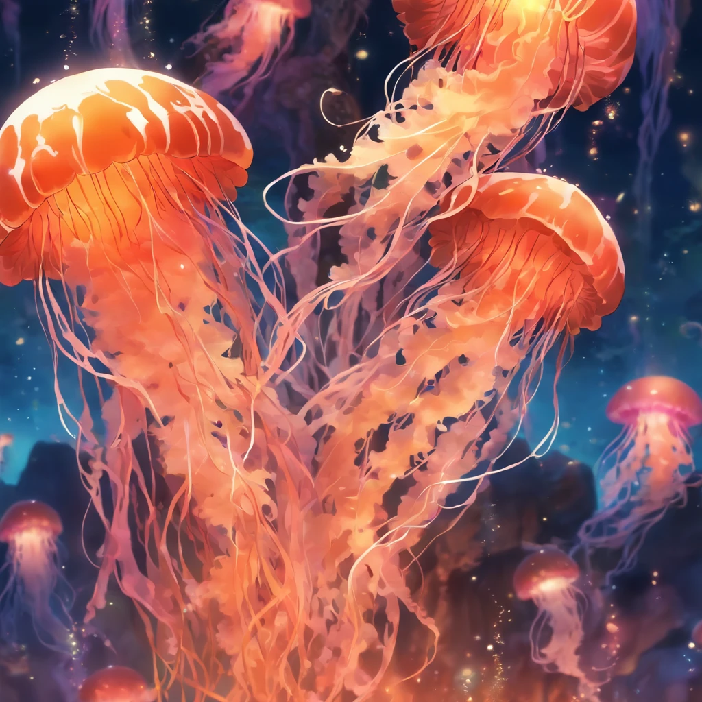 Boilmaker Jellyfish, colors of shimmering amber and dusky brown with white fuzzy tendrils, floating by a underwater volcano, a aura of heat around them, masterpiece, best quality
