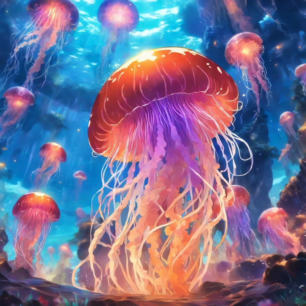 Boilmaker Jellyfish, colors of shimmering amber and dusky brown with white fuzzy tendrils, floating by a underwater volcano, a aura of heat around them, masterpiece, best quality