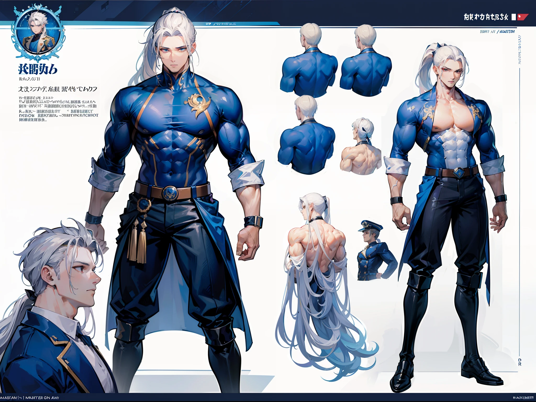 ((Masterpiece, Highest quality)), Detailed face, character design sheet， full bodyesbian, Full of details, frontal body view, back body view, Highly detailed, Depth, Many parts, Muscle boy with ponytail long white hair，handsome man, muscle body, navy, commander, man tall