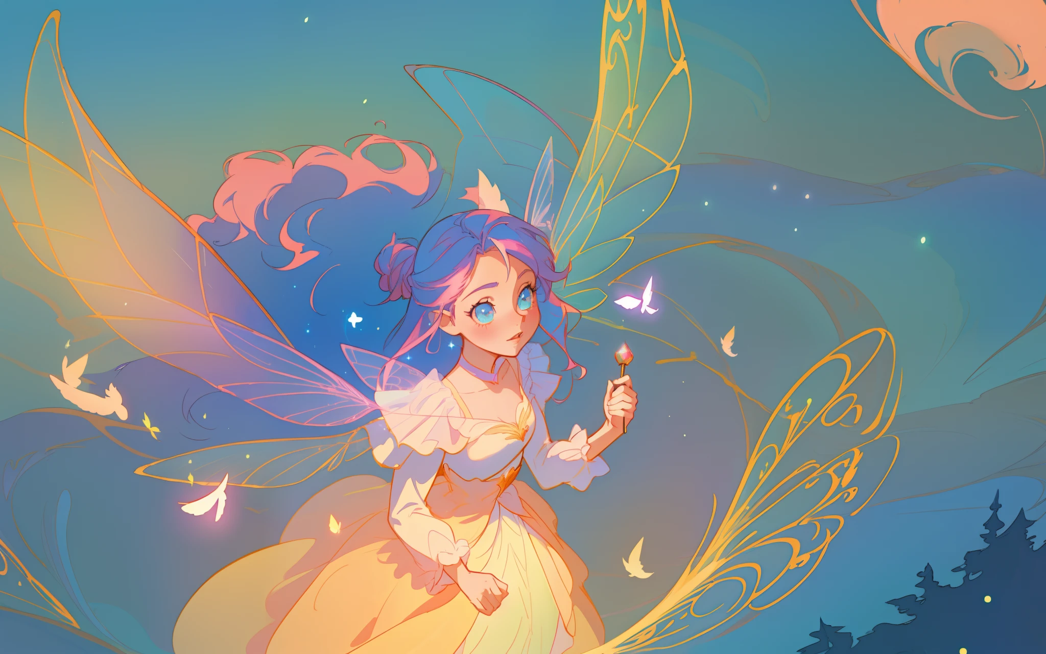 beautiful anime girl in flowing long sleeve ruffle layered ballgown, ((fairy wings)), inspired by Glen Keane, inspired by Lois van Baarle, (disney art style), by Lois van Baarle, glowing aura around her, by Glen Keane, jen bartel, glowing lights! digital painting, flowing glowing hair, glowing flowing hair, beautiful digital illustration, fantasia background, whimsical, magical, fantasy, ((masterpiece, best quality)), intricate details, highly detailed, sharp focus, 8k resolution, sparkling detailed eyes, liquid watercolor, swirling magical lines of light. pastel colors