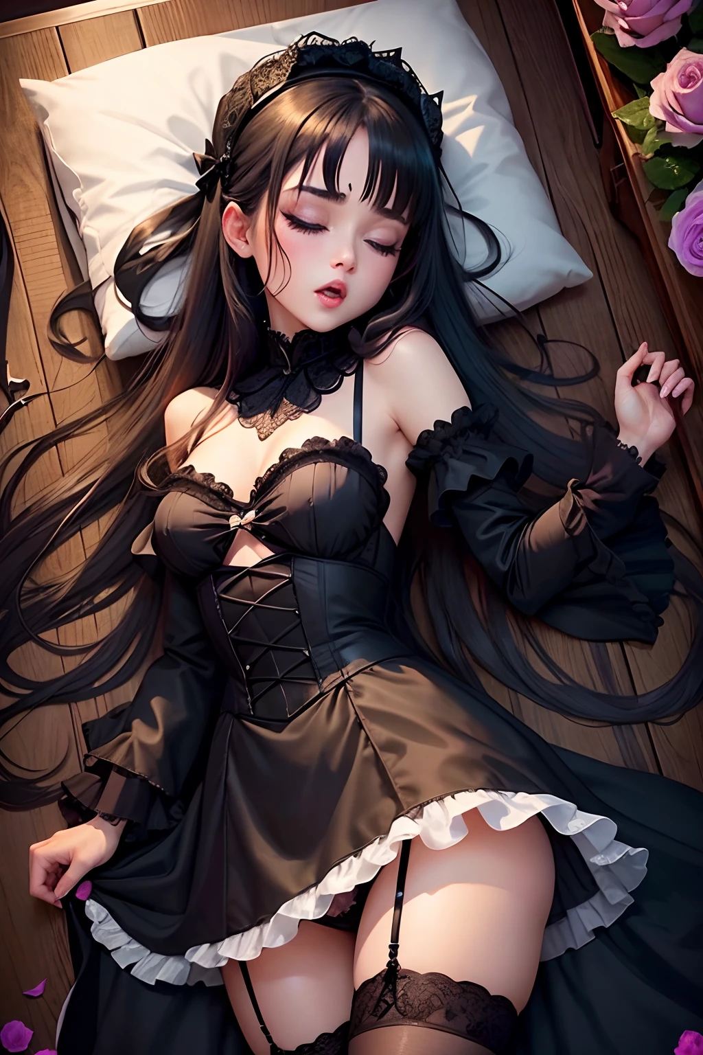 A sexy、Glamour、Gothic ta、garterbelts、knee high socks、Beautie、Beautiful shape、boredom、Fornication、Hard Dark Gothic Makeup、bell sleeves、Wizard Sleeve、maid clothes、Dark Gothic、Longer dress、Black Dark Eyeshadow、Lace pink、Long hair straight hair、Dark blue hair、Dark Gothic Makeup、pleasured expression、18year old、Lying、seductiv、Strong sexual pleasure、Sleep with your eyes closed、chies、wretched、The face is cute、Open mouth、Put out the velo、A bed full of roses、Bed full of perfume、Wrinkles between the eyebrows、anguished expression、Dark Gothic Dresses、
