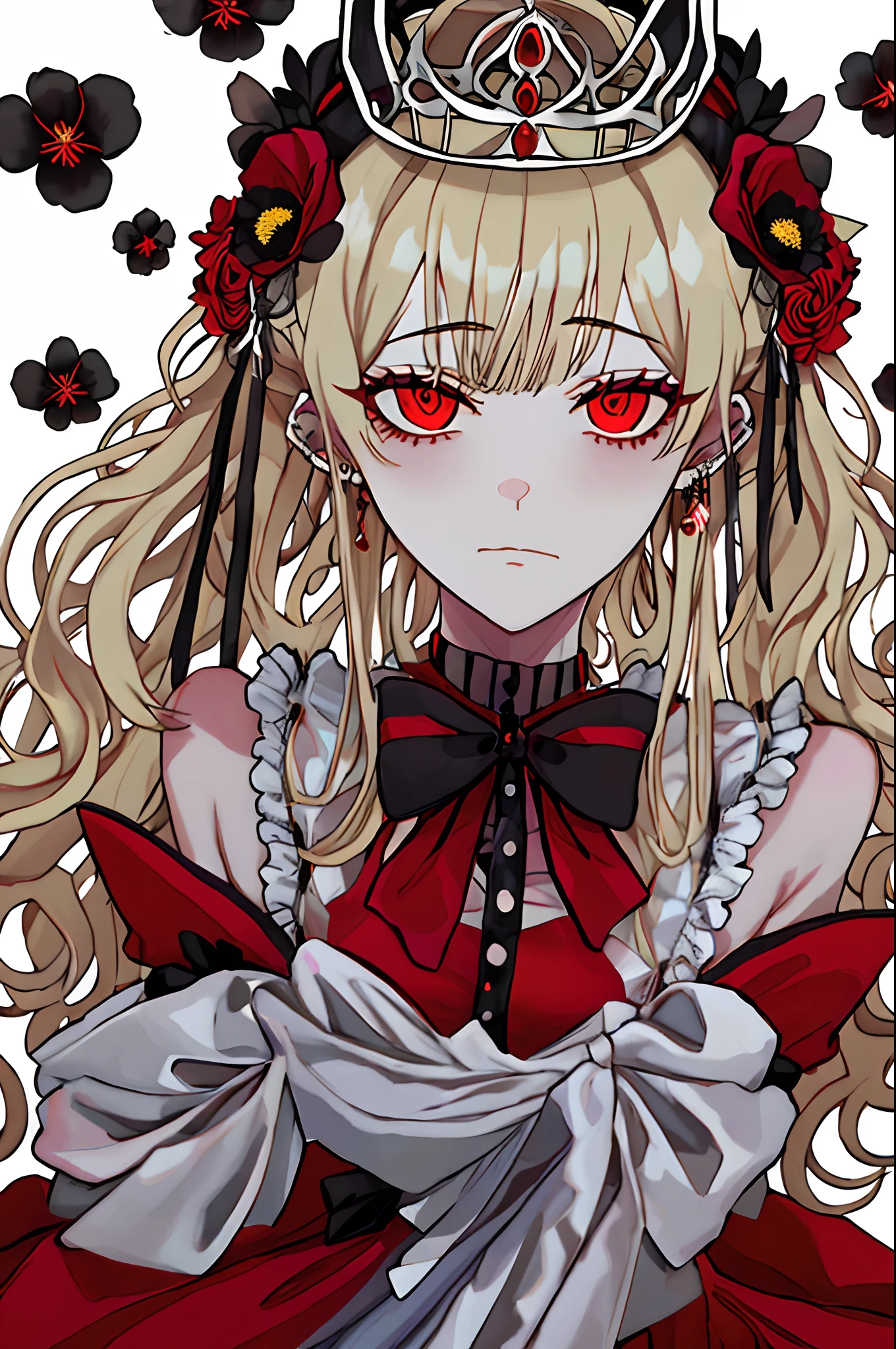 fantasy style, floral background, romance manhwa, 1girl, blonde hair, solo, long hair, flower, dress, tiara, white dress, gloves, long sleeves, choker, red eyes, white gloves, black bow, black flower, wavy hair, bow, jewelry, looking at viewer, white background, collarbone, puffy sleeves, silver accessories, upper body, parted bangs, very long hair, red dress, frills, bangs, closed mouth, (close up),