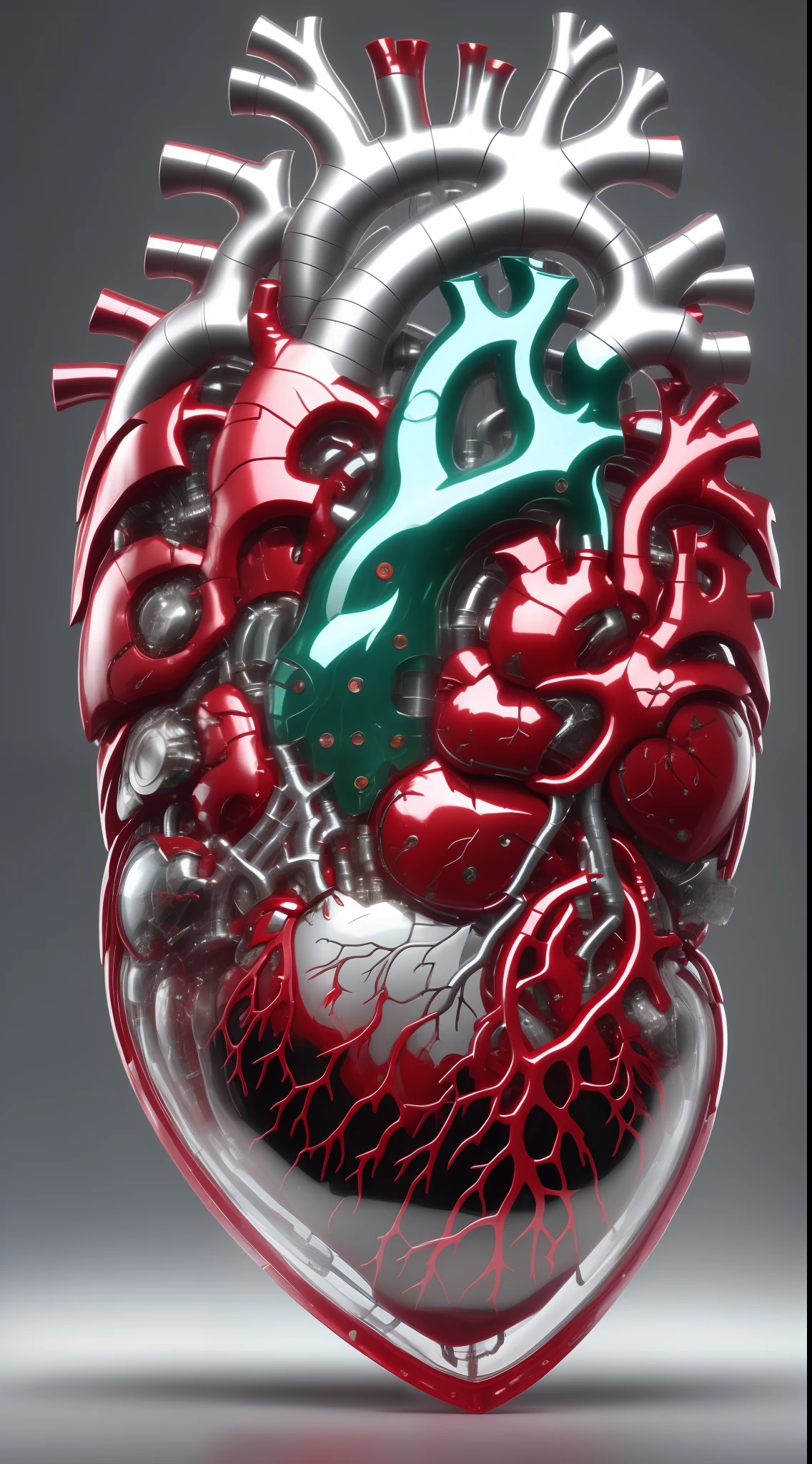 ((8k masterpiece)), RAW photo, ((best quality:1.2)),professional photograhy, 3d capture, 3d work, single item focus, absurdres, huge filesize, A 3d_biomechatronic_heart ((3d human heart:1.4)) made from high grade toughened glass, with aerospace grade (((polished titanium valves))), macro detailed vein and fibre systems, illuminated heart chambers, intricate vein systems, space-age technology, futuristic engineering, engineering masterpiece, external vein systems wrapped around the glass heart, , scarlet micro glass vein systems, polished titanium anatomical heart pieces attached to the exterior surface with engineered screws, plain single colour background, contrasting background, volumetric lighting, quixel megascan, unreal engine5, cg9 studio, trending on artstation,