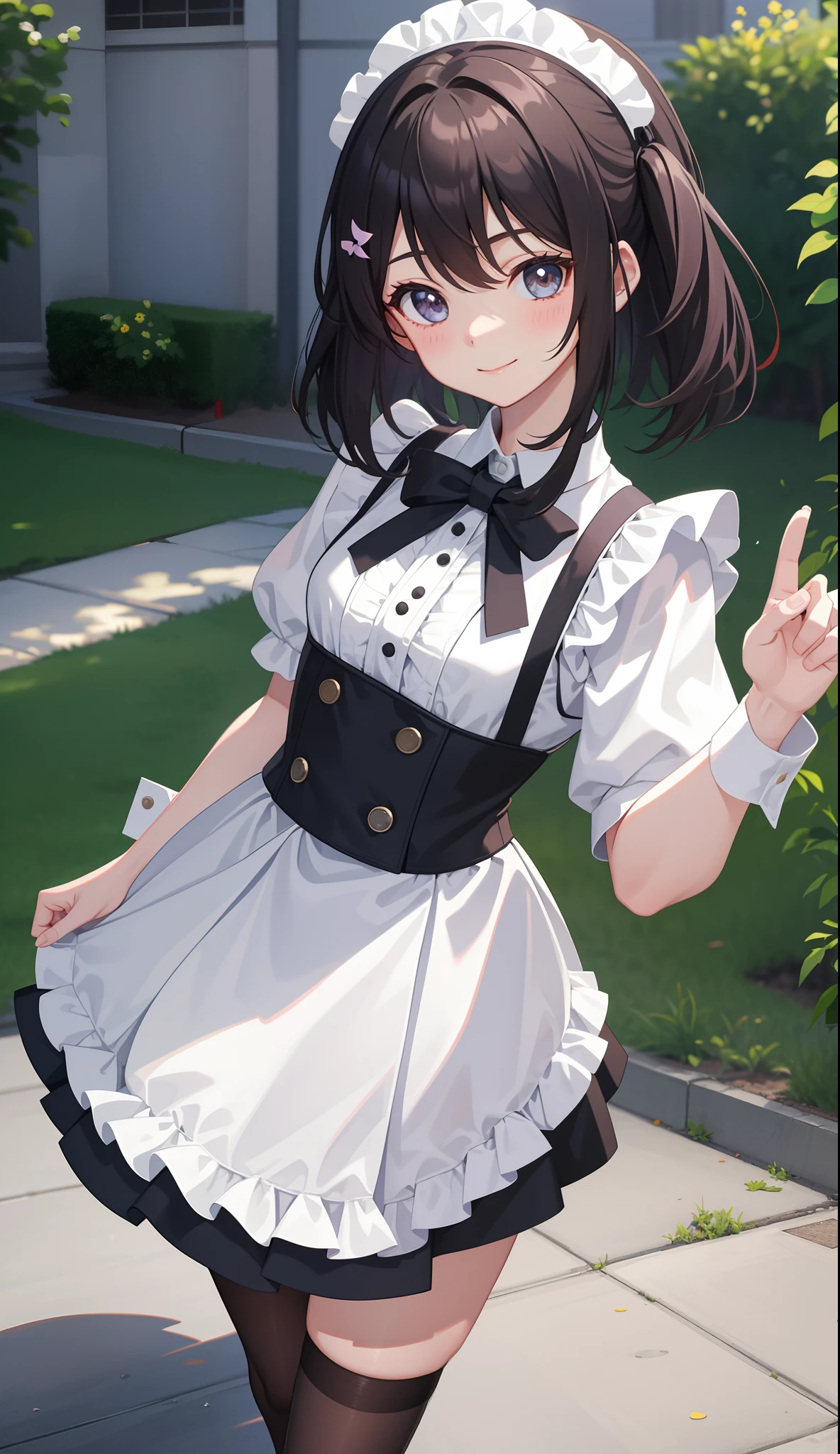 1girl in、AS-Adult、a smile、The shirt、Ultra mini skirt、pantiy、（small tits）、doress、pinafore、Hair decoration、（Maid costume）、Walking with a thigh、Upper body portrait、