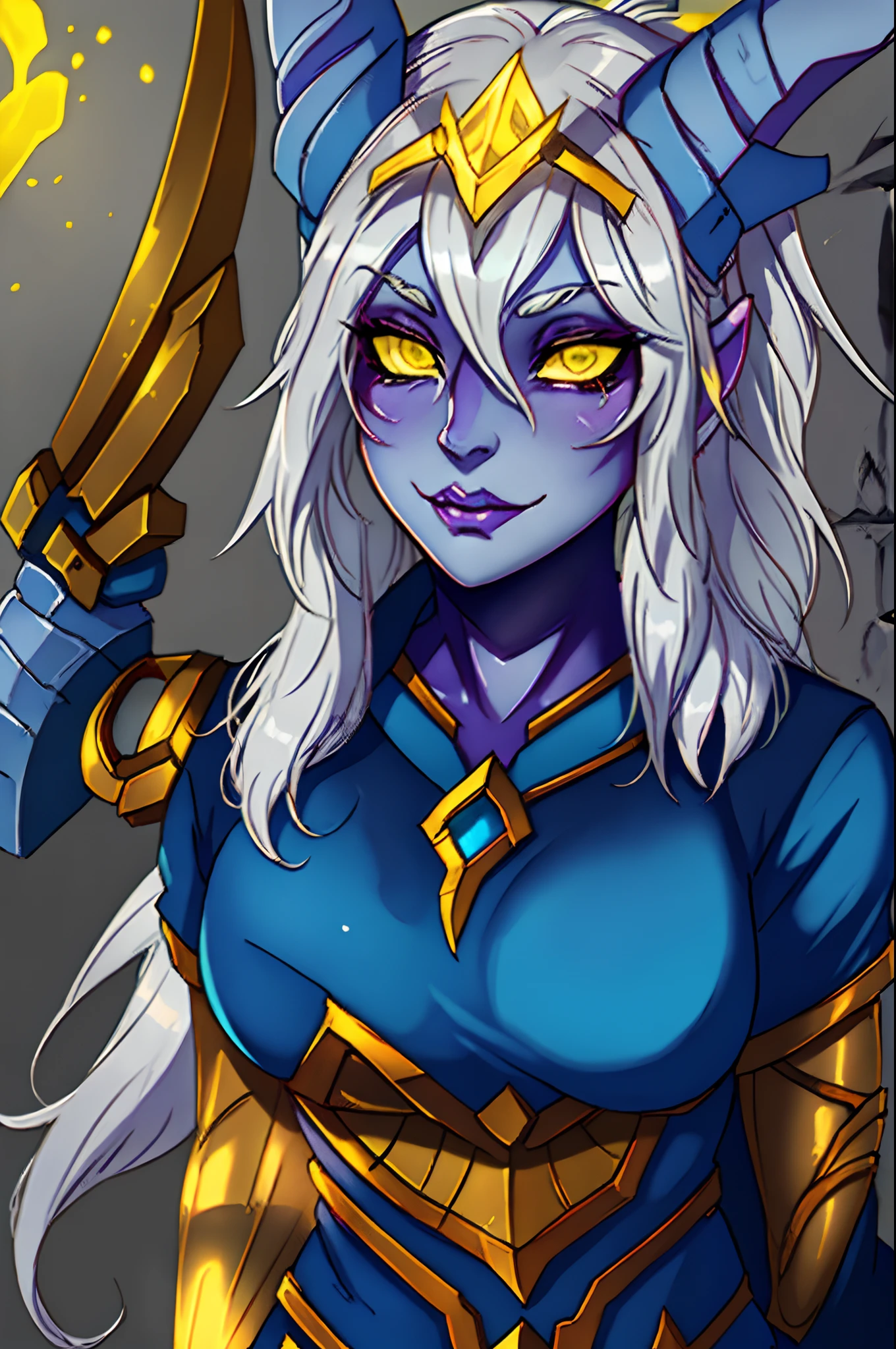 1girl, cowboy shot of beautiful draenei paladin, shedrn, gray skin, white hair, warcraft, master piece, best quality, portrait, yellow glowing eyes, gray horns