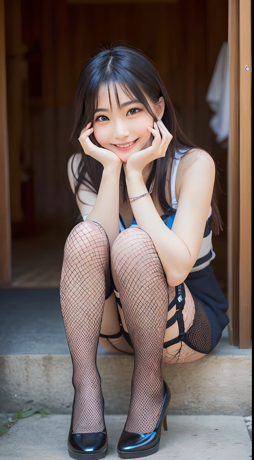 masutepiece, Raw photography, 8K, A hyper-realistic, Photorealsitic, Live action, 1人の女性, A Japanese Lady, 20-year-old bewitching gravure idol, slim figure, (((Full body fishnet stockings))), (((small tits:1.3, Cute cute smile, A detailed face, Big patchy eyes, 二重まぶた, Super Idol, kawaii faces, Small face, Pretty Woman, Realistic cute female face, A cute woman who is rumored, idolface))), Dynamic Poses, big breasts thin waist, fullllbody, erect through, A sexy, shot from behind