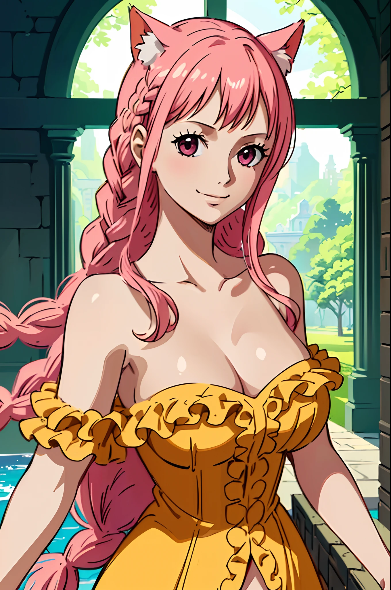 ((masterpiece)), ((best quality)), ((high detailed illustration)), ((high detailed background)), ((hi-res)), Rebecca_onepiece, one-girl, little breast, ((long hair)), ((hair down)), cat ears, noble clothes, ((beautiful face)), (off shoulder: 1.2), looking at viewer, smile, blush, indoor, standing, upper body