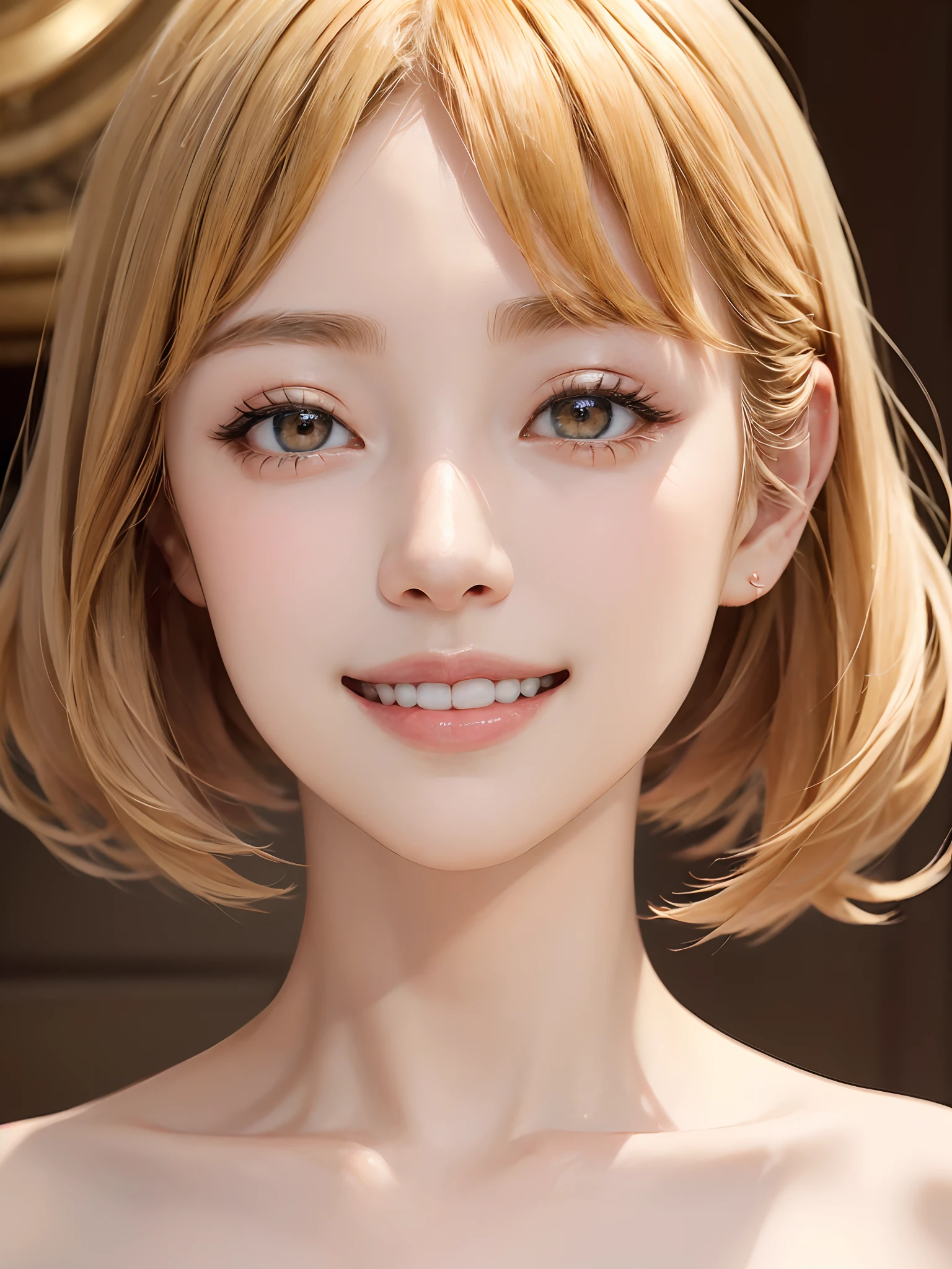 Masterpiece、top-quality、Very delicate and beautiful girl、extremely delicate and beautiful、world masterpiece theater、Ultra-fine、top-quality、a blond、short-haired with bangs、Hi-Res、Very elaborate、extremely beautiful lady、top-quality、illustratio、The viewer watching、Impasto、canvas、an oil painting、realism、realisitic、Look firmly at the camera、Beautiful teeth、Beautiful teeth alignment、Cute smile、Smiling very happily、long neck、Put your ears out、