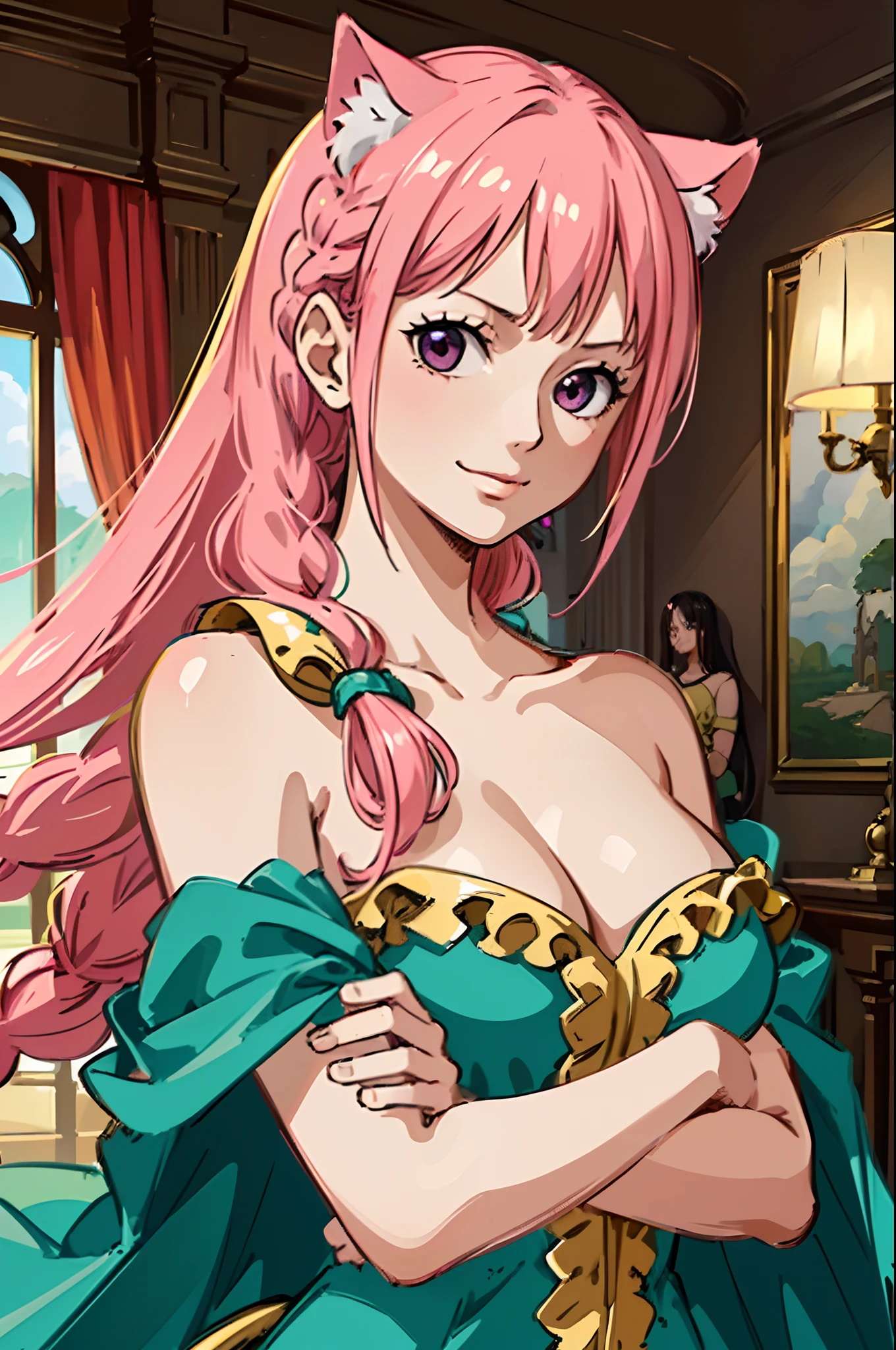 ((masterpiece)), ((best quality)), ((high detailed illustration)), ((high detailed background)), ((hi-res)), Rebecca_onepiece, one-girl, little breast, ((long hair)), ((hair down)), cat ears, noble clothes, ((beautiful face)), (off shoulder: 1.2), looking at viewer, smile, blush, indoor, standing, upper body