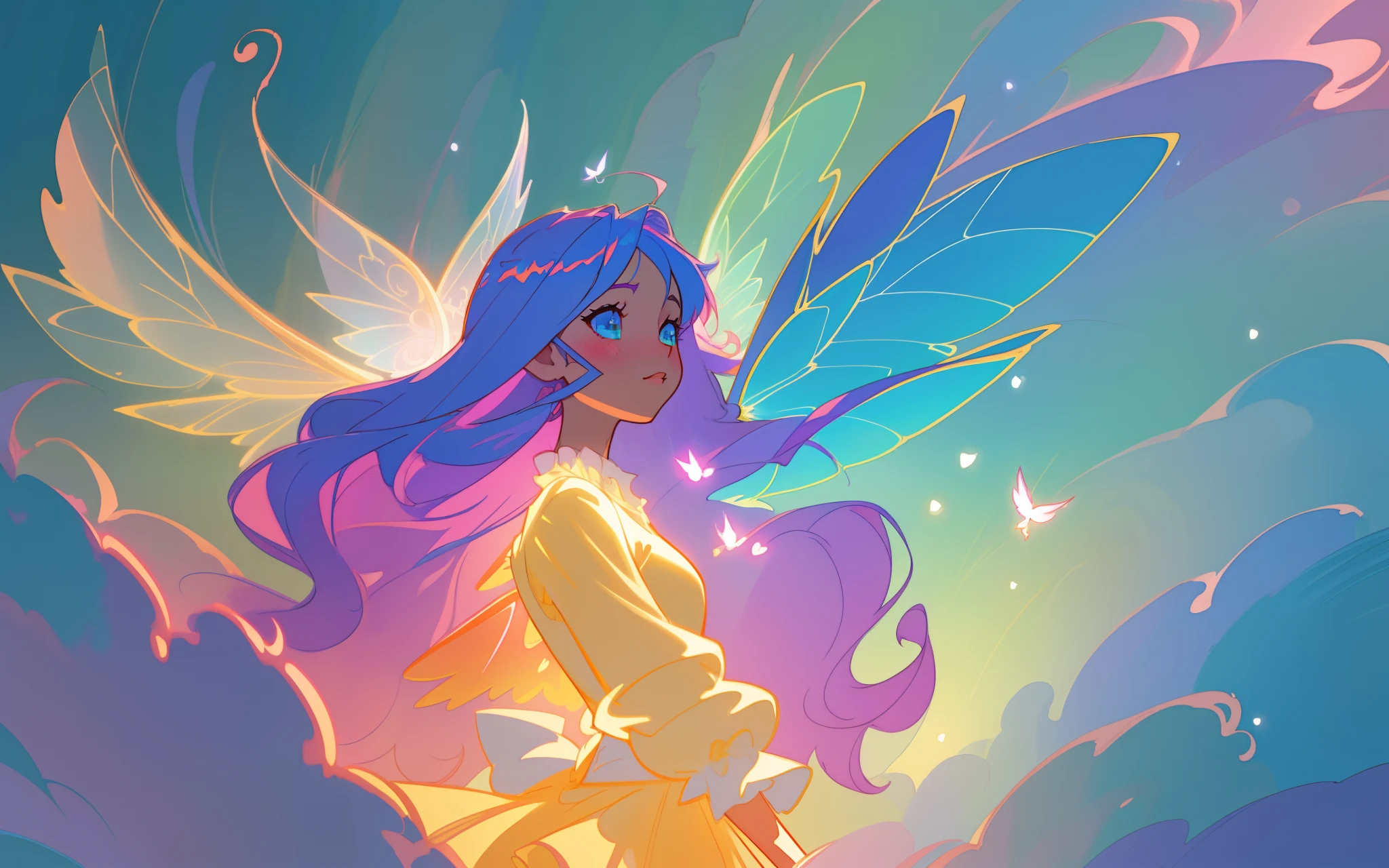 beautiful anime girl in flowing long sleeve ruffle layered ballgown, ((tiered layered ballgown)), ((fairy wings)), inspired by Glen Keane, inspired by Lois van Baarle, (disney art style), by Lois van Baarle, glowing aura around her, by Glen Keane, jen bartel, glowing lights! digital painting, flowing glowing hair, glowing flowing hair, beautiful digital illustration, fantasia background, whimsical, magical, fantasy, ((masterpiece, best quality)), intricate details, highly detailed, sharp focus, 8k resolution, sparkling detailed eyes, liquid watercolor, swirling magical lines of light. pastel colors