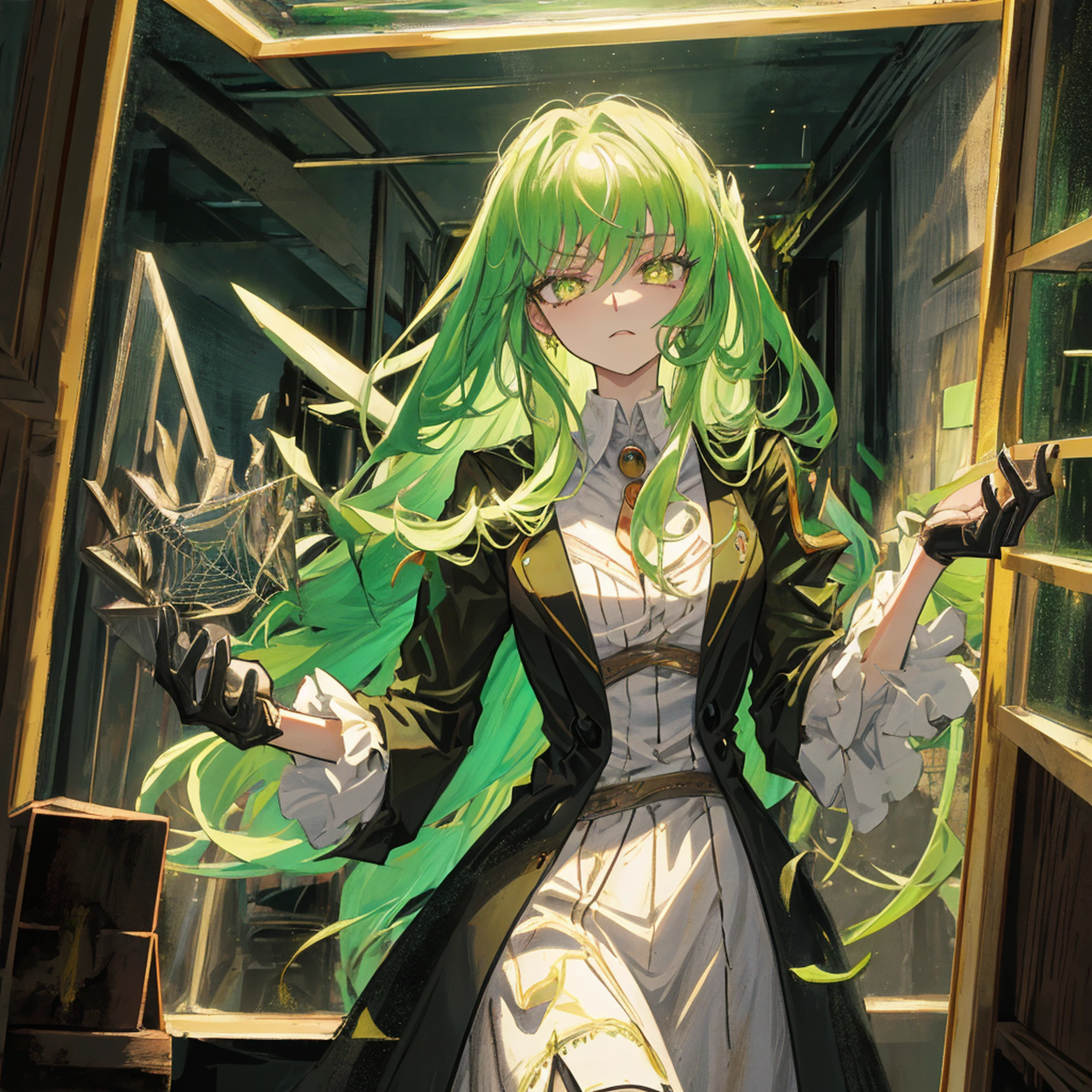 1girl, green hair, golden eyes, (cowboy_Shot:1.2), Face focus, Long hair, side locks, Scared,(terrified:1.1) expression, Atmospheric lighting, Moody, Darkness, In an abandoned old house, Clear glass display case full of interesting items, Dusty, Post-apocalypse, spiderwebs, masterful, Beautiful 8k wallpaper, Extremely detailed, Intricate, C.C, code geass, holding a knife, finger fix