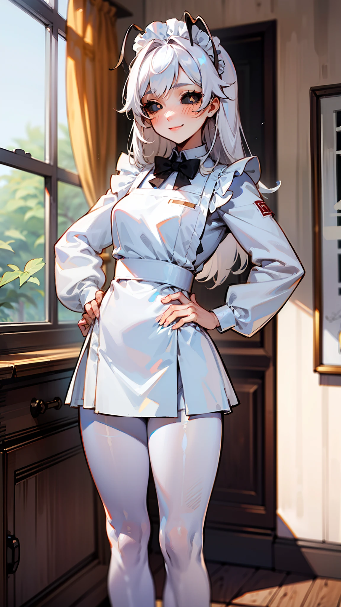 (Original Character,8k, Masterpiece, Best Quality,Detailed, Beautiful Detailed Eyes, solo),mature female,small, fine skin,blush,black eyes,black sclera,white hair,long hair,white pantyhose,(((hair 2antennas large))),((maid outfit)),standing in room in house, hands on hips, happy face,smile