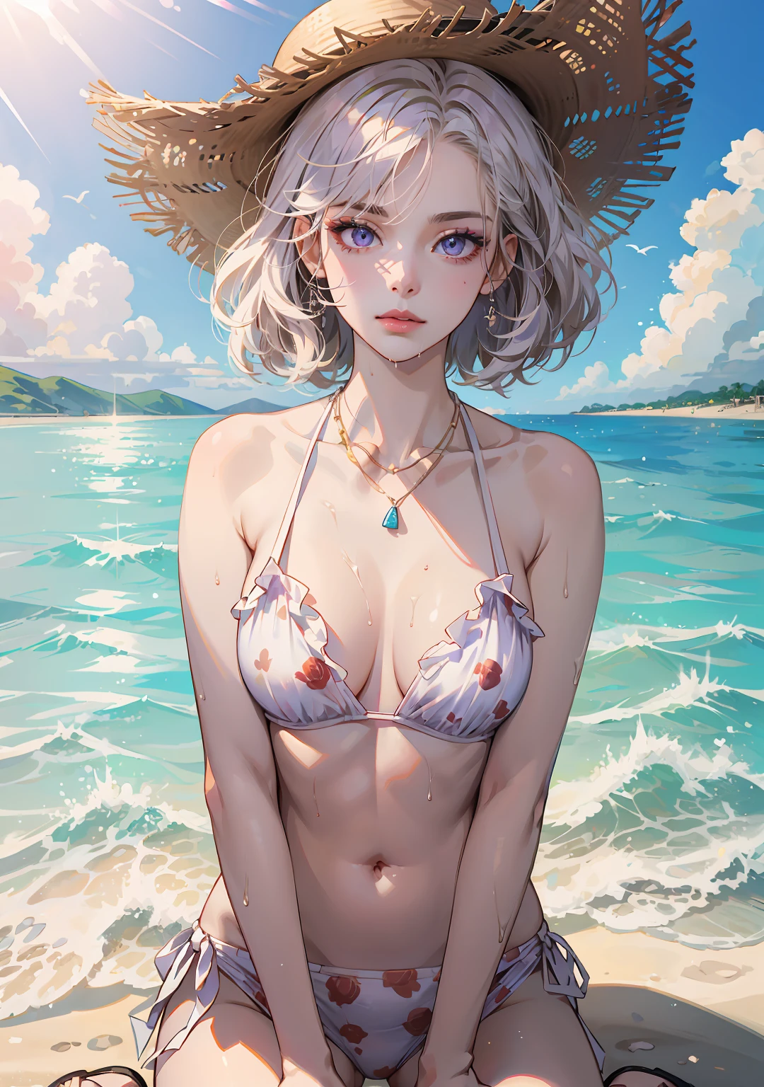 (masterpiece:1.2, best quality), (1lady, solo), Clothing: white floral pattern bikini, wide-brimmed hat, strappy sandals, Accessories: shell necklace, sunglasses, Hair: loose beach waves, white hair, bob cut, Makeup: natural, glowing skin, Behavior: relaxed, carefree, free-spirited, Location: beach, resort, outdoor festival, purple eyes, (large breasts: 1.2), soaking wet, (beautiful detailed face, beautiful detailed eyes), (sunbeam, sunlight, rose, wind)