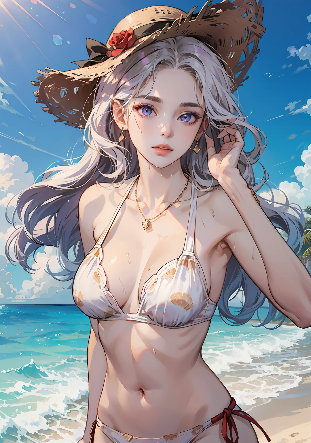 (masterpiece:1.2, best quality), (1lady, solo), Clothing: white floral pattern bikini, wide-brimmed hat, strappy sandals, Accessories: shell necklace, sunglasses, Hair: loose beach waves, white hair, bob cut, Makeup: natural, glowing skin, Behavior: relaxed, carefree, free-spirited, Location: beach, resort, outdoor festival, purple eyes, (large breasts: 1.2), soaking wet, (beautiful detailed face, beautiful detailed eyes), (sunbeam, sunlight, rose, wind)
