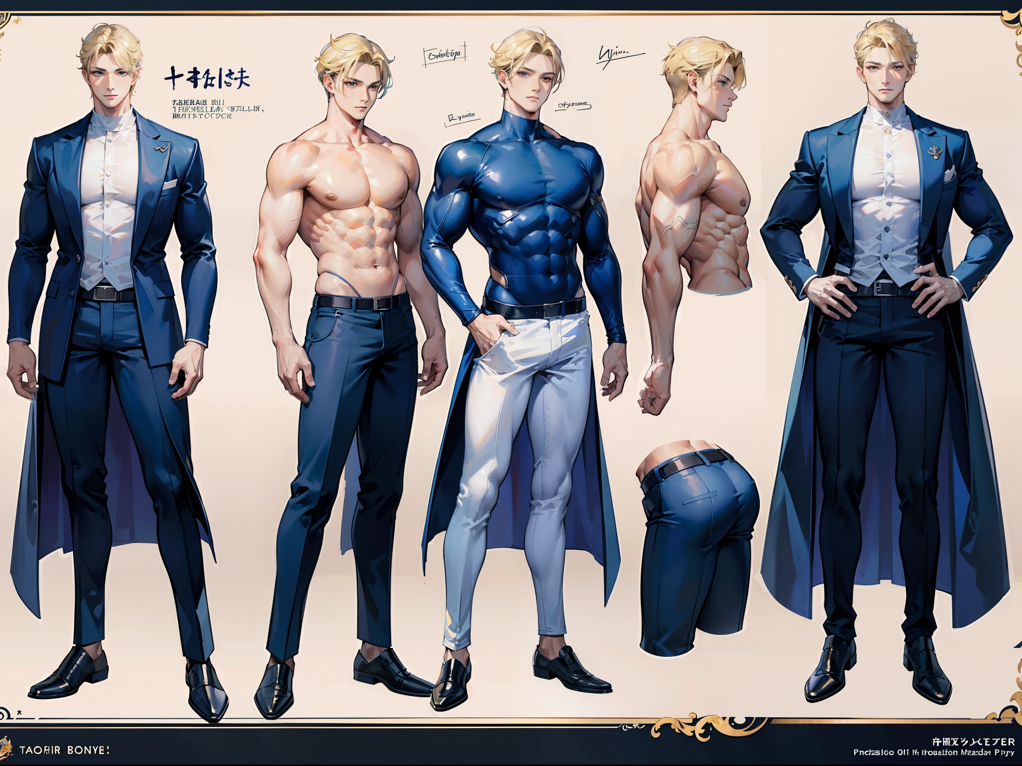 ((Masterpiece, Highest quality)), Detailed face, character design sheet, full bodyesbian, Full of details, frontal body view, back body view, Highly detailed, Depth, Many parts, Muscle boy with blonde hair,handsome man, navy, commander, man tall, pectoral muscles, abs