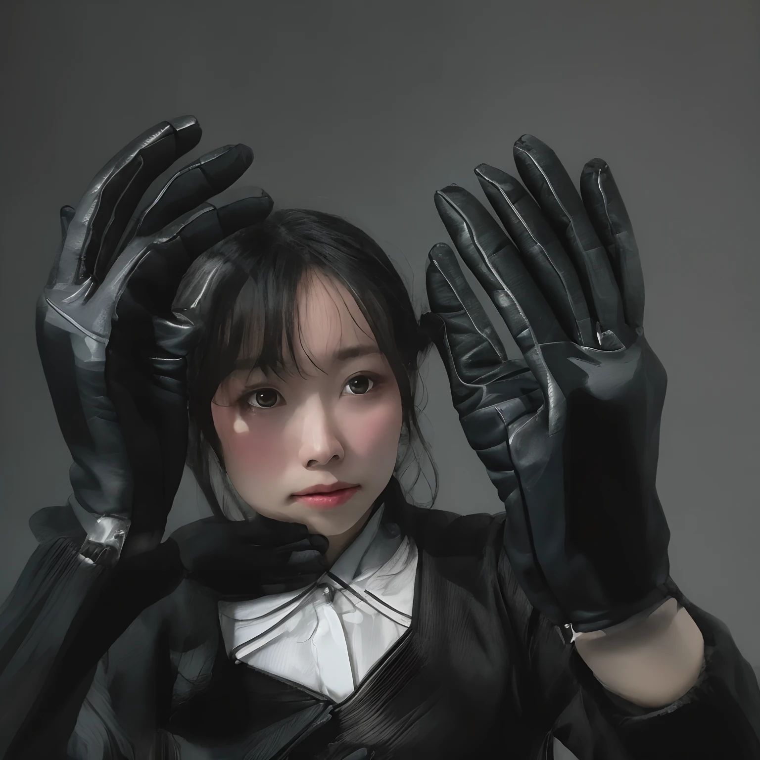 Young Japan woman lifting black suit up to shirt, Black leather gloves worn on both hands, Hands of a woman in a black suit and black leather gloves in front of her