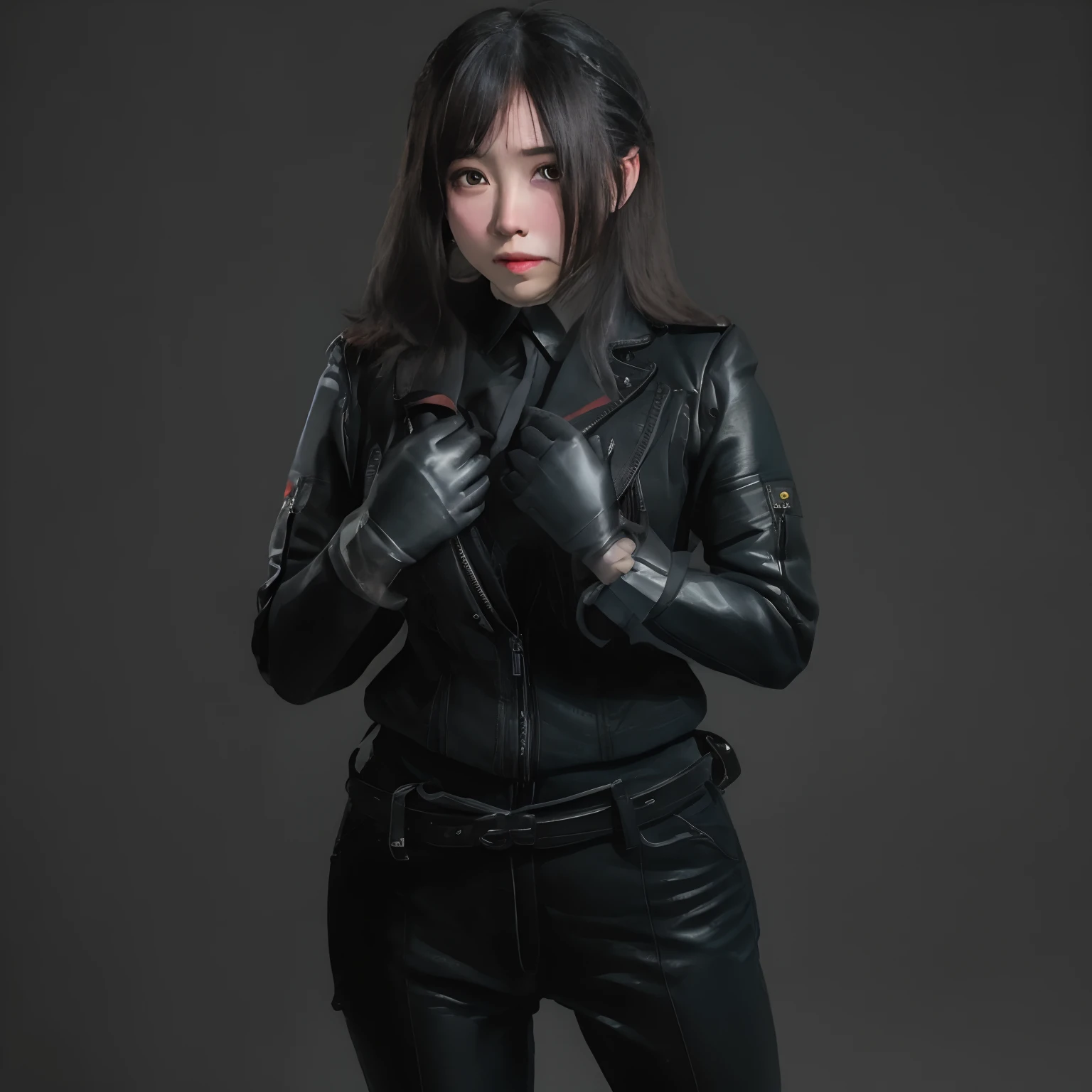 Young Japan woman lifting black suit up to shirt, Black leather gloves worn on both hands, Hands of a woman in a black suit and black leather gloves in front of her