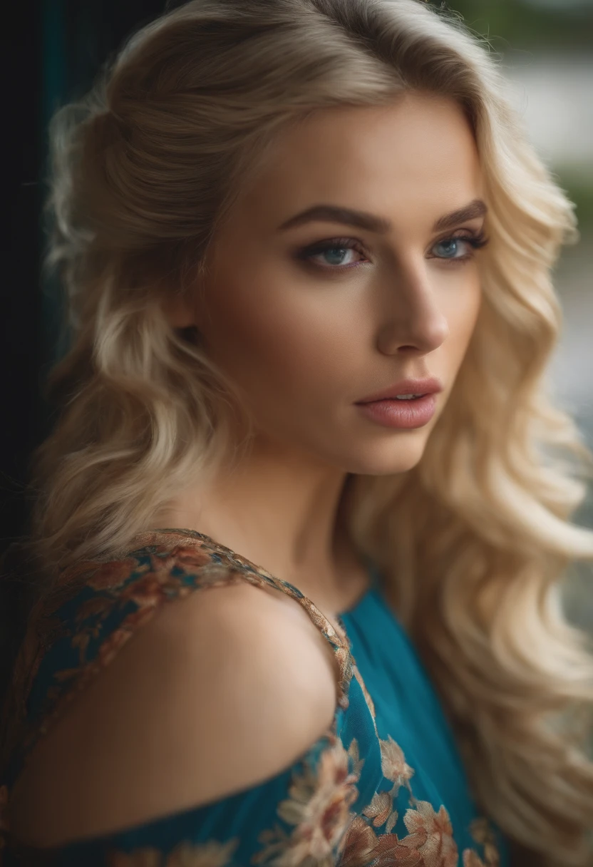 A beautiful 22-year-old blonde who puts her right hand bent downwards glued to her face