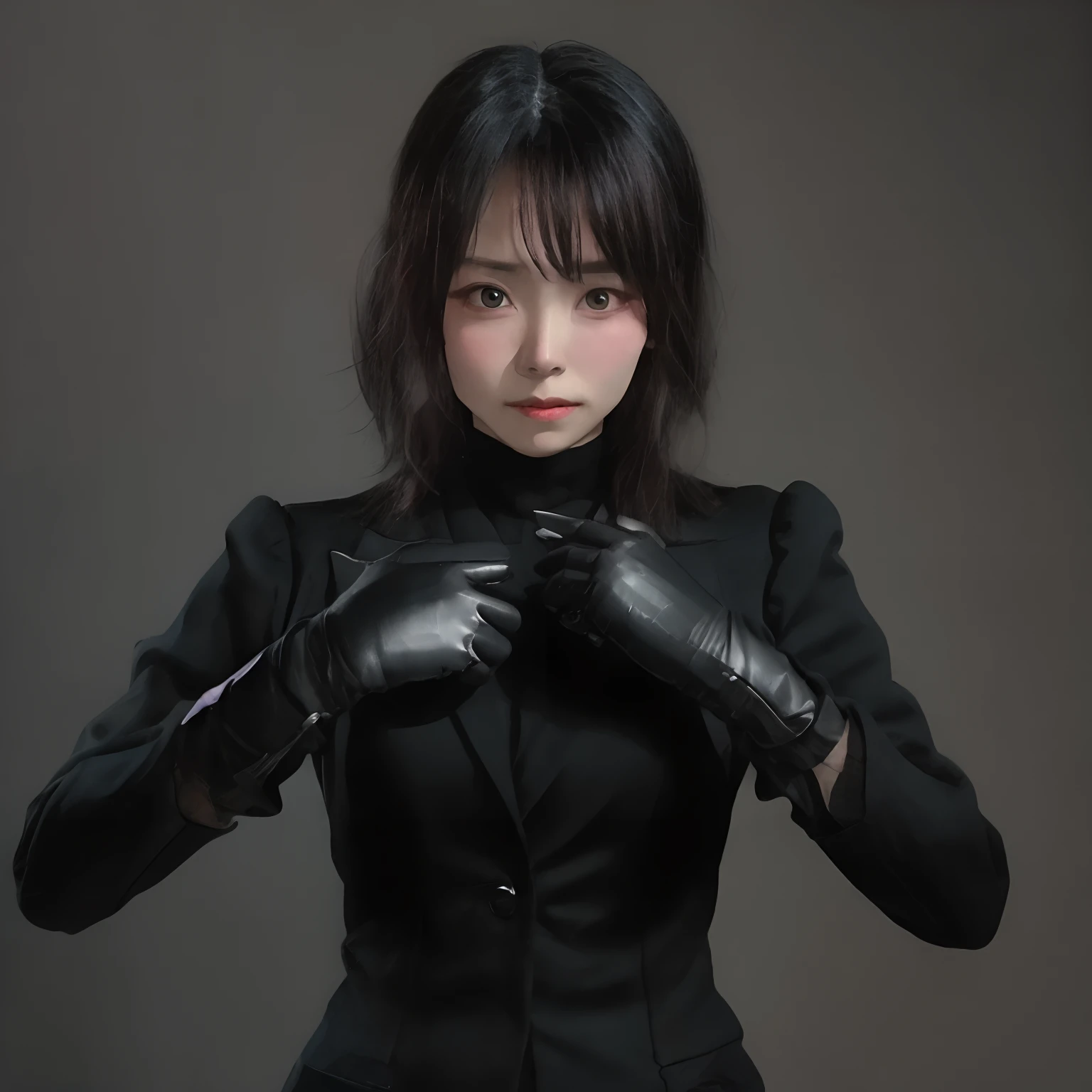 Young Japan woman lifting black suit up to shirt, Black leather gloves worn on both hands, Hands of a woman in a black suit and black leather gloves in front of her