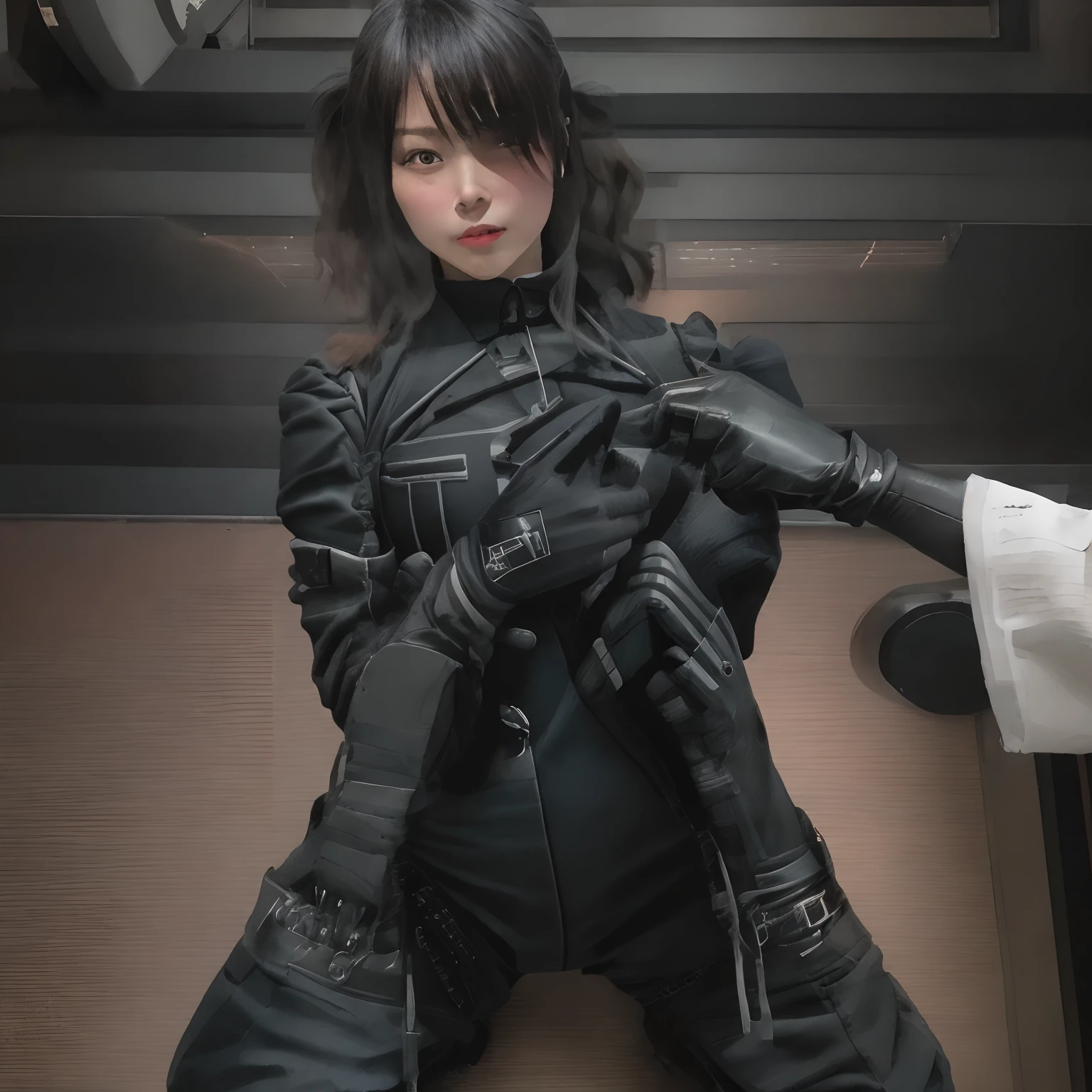 Young Japan woman lifting black suit up to shirt, Black leather gloves worn on both hands, Hands of a woman in a black suit and black leather gloves in front of her