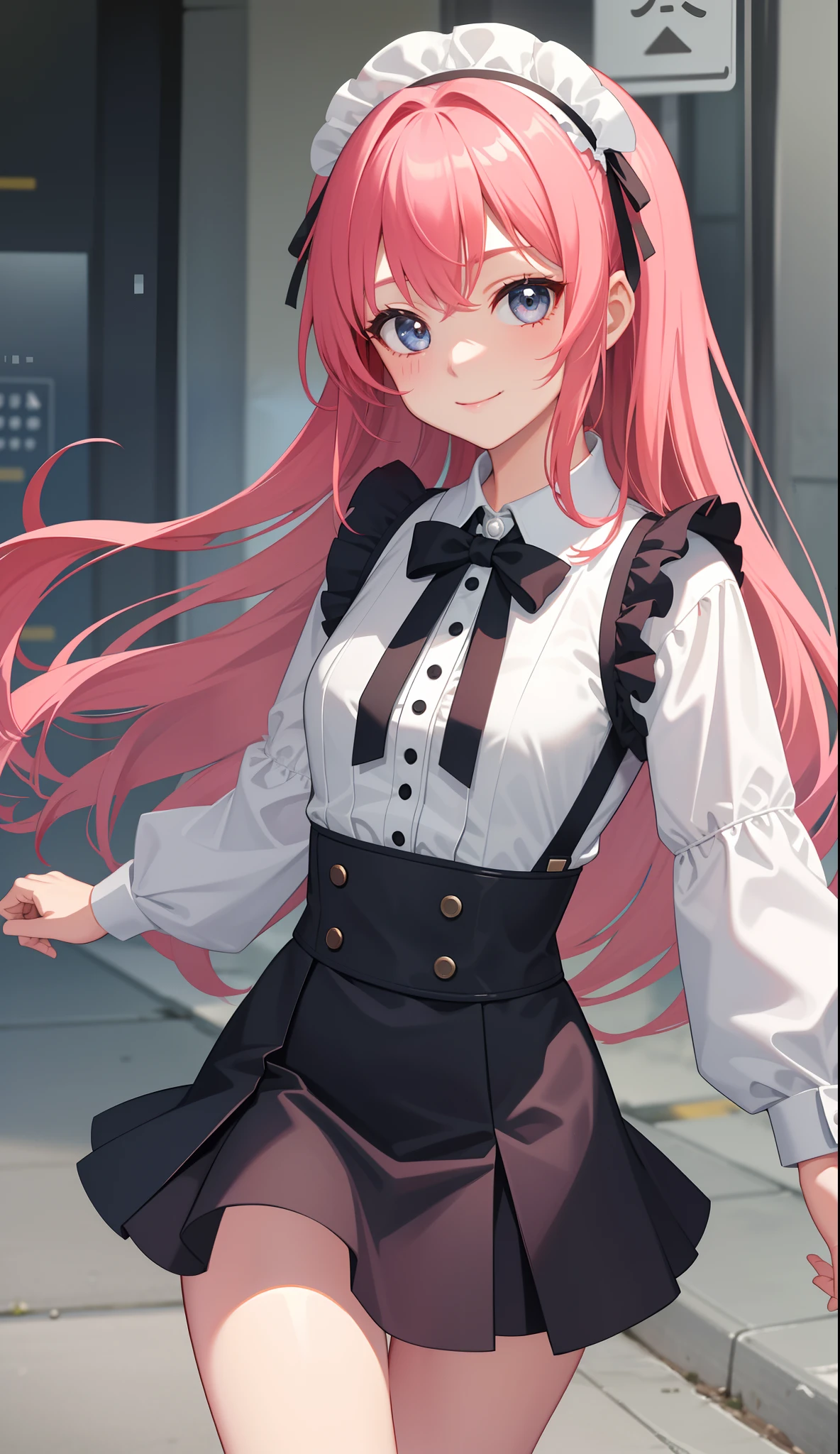 1girl in、AS-Adult、A smile、The shirt、Ultra mini skirt、pantiy、(small tits)、doress、pinafore、Hair decoration、(Maid costume)、Walking with a thigh、Upper body portrait、