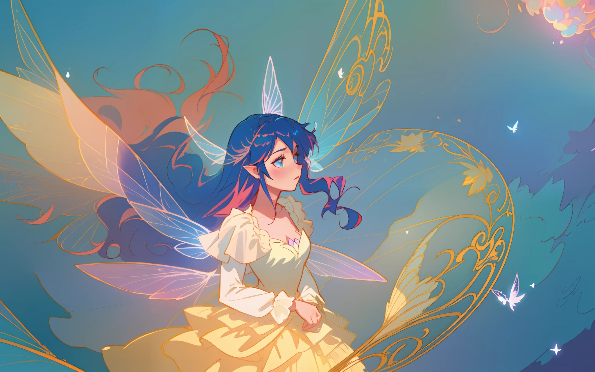 beautiful anime girl in flowing long sleeve ruffle layered ballgown, ((tiered layered ballgown)), ((fairy wings)), inspired by Glen Keane, inspired by Lois van Baarle, (disney art style), by Lois van Baarle, glowing aura around her, by Glen Keane, jen bartel, glowing lights! digital painting, flowing glowing hair, glowing flowing hair, beautiful digital illustration, fantasia background, whimsical, magical, fantasy, ((masterpiece, best quality)), intricate details, highly detailed, sharp focus, 8k resolution, sparkling detailed eyes, liquid watercolor, swirling magical lines of light. pastel colors