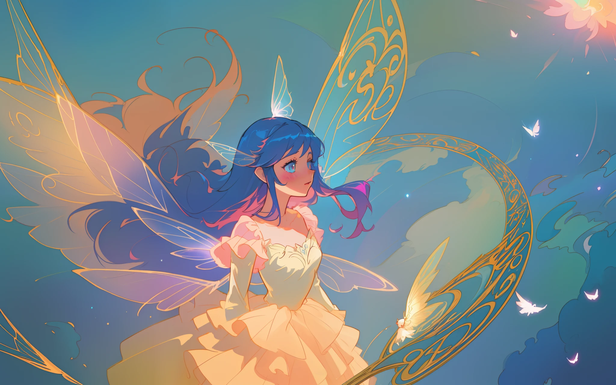 beautiful anime girl in flowing long sleeve ruffle layered ballgown, ((tiered layered ballgown)), ((fairy wings)), inspired by Glen Keane, inspired by Lois van Baarle, (disney art style), by Lois van Baarle, glowing aura around her, by Glen Keane, jen bartel, glowing lights! digital painting, flowing glowing hair, glowing flowing hair, beautiful digital illustration, fantasia background, whimsical, magical, fantasy, ((masterpiece, best quality)), intricate details, highly detailed, sharp focus, 8k resolution, sparkling detailed eyes, liquid watercolor, swirling magical lines of light. pastel colors