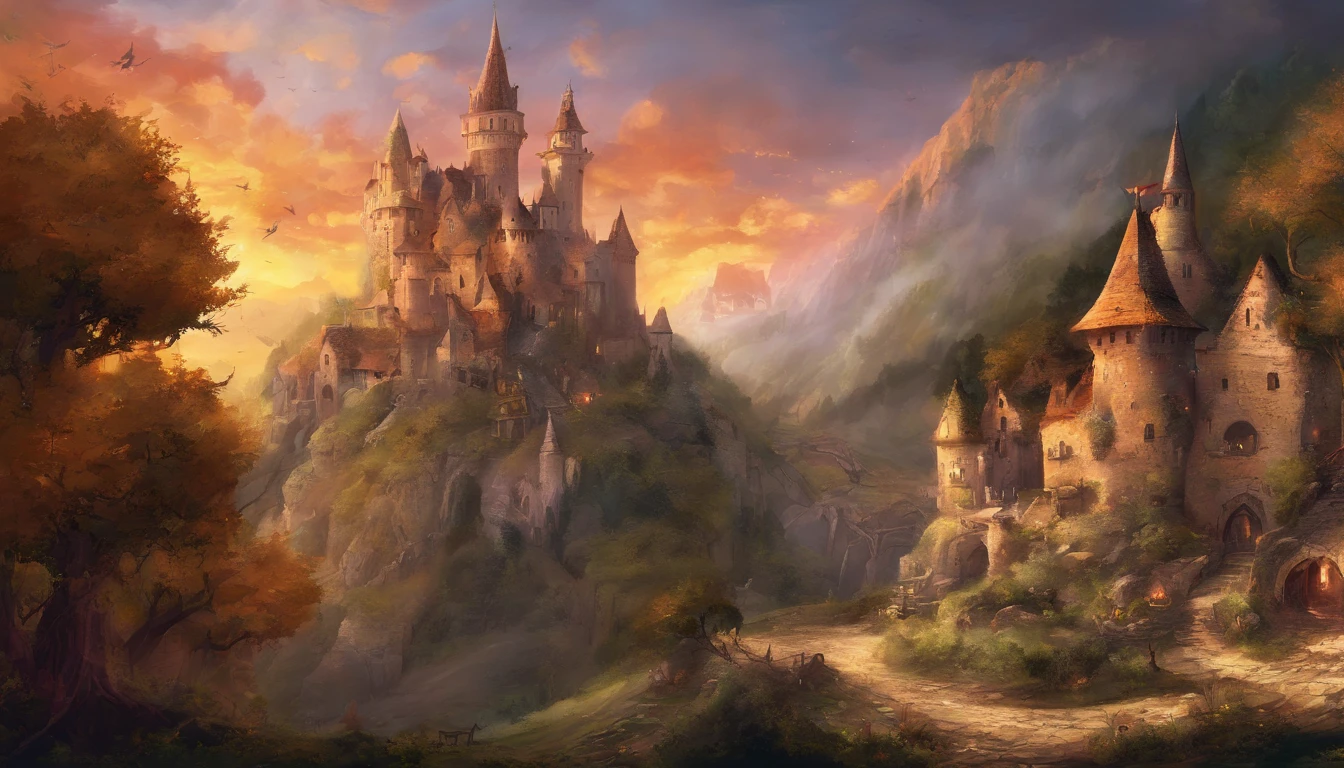 a medieval village, ruins, on fire