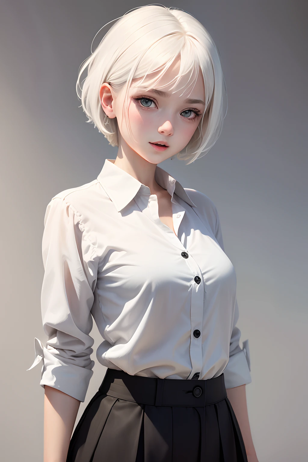 A masterpiece of a drawing of a young girl. She has white hair, short hair, black eyes, a slight smile, and an open mouth. She is wearing a white button-up shirt with a gap between the buttons, and a black short skirt. She is standing on a white background with her arms behind her back. The angle of the drawing is dynamic, giving it a sense of movement.