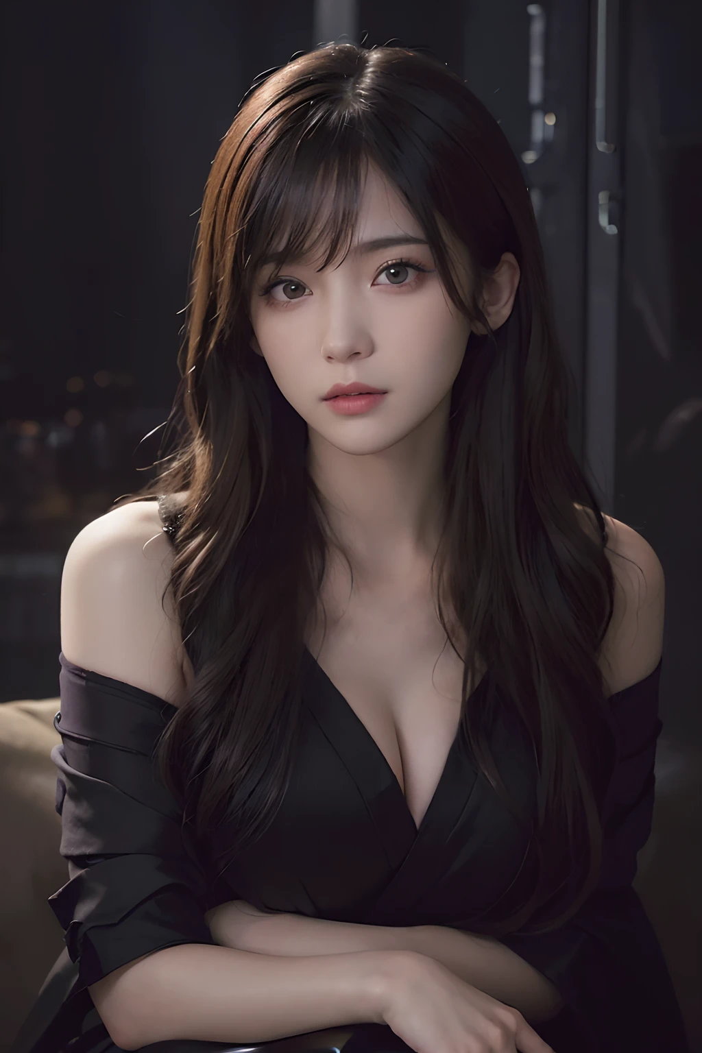 (in the darkness nigth:1.6)、Hyperrealist female portrait by David Hockney and Alphonse Mucha、Fantasy Art、photoRealstic、Dynamic lighting、art stations、poster for、Volume Lighting、extra detailed face、4 k、awardwinning、、 1 人、long、A dark-haired、A sexy、