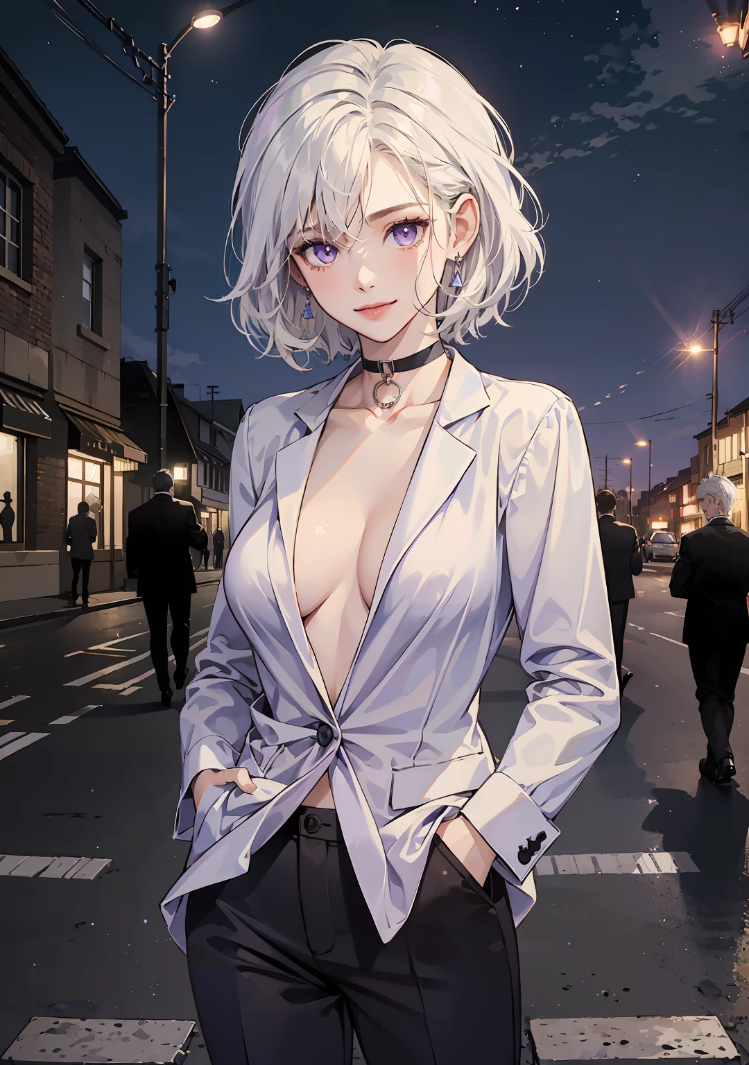 (masterpiece, best quality:1.2), cowboy shot, solo, 1girl, white hair, short wavy hair, purple eyes, (large breasts: 1.2), cleavage, slender body, light smile, looking at viewer, hands in pockets, formal, dark suit, topless, black pants, choker, earrings, cityscape scenery, street, night light,