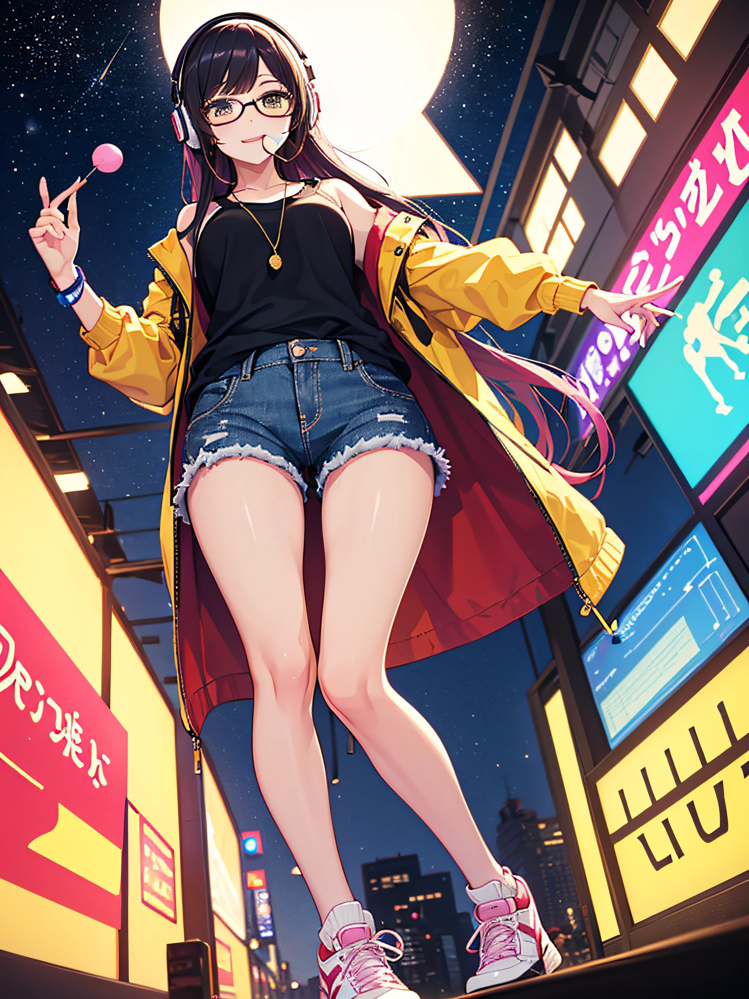 Girl with a beautiful face, bright light eyes, violet eyelashes, smiling, with a lollipop in her mouth, violet hair and pink highlights, modern glasses, music headphones around her neck, open light yellow jacket, short denim shorts, yellow Nike sneakers, cute pose, in downtown shibuya, neon lights, starry sky, (ultra-realistic), {extremely detailed 8k CG unit wallpaper}, expansive landscape photography, (a view from below that prioritizes the character and the scenery behind, wide view wide field), (low angle shot), (high light: 1.7), (low light: 1.0), (warm light source: 1.0), complex details, (iridescent colors: 1.5), (bright lighting), (atmospheric lighting), dreamy, modern, happyness