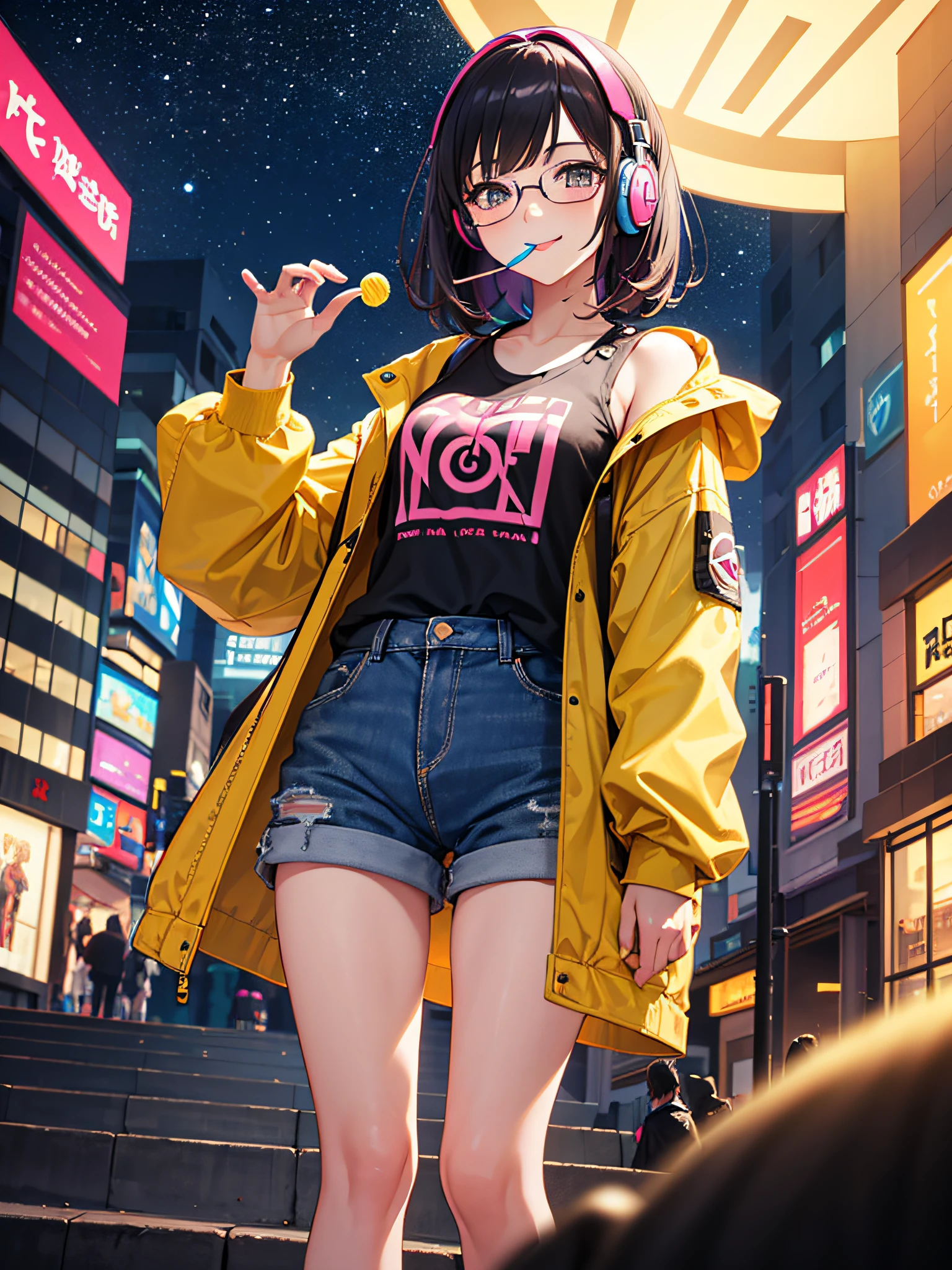 Girl with a beautiful face, bright light eyes, violet eyelashes, smiling, with a lollipop in her mouth, violet hair and pink highlights, modern glasses, music headphones around her neck, open light yellow jacket, short denim shorts, yellow Nike sneakers, cute pose, in downtown shibuya, neon lights, starry sky, (ultra-realistic), {extremely detailed 8k CG unit wallpaper}, expansive landscape photography, (a view from below that prioritizes the character and the scenery behind, wide view wide field), (low angle shot), (high light: 1.7), (low light: 1.0), (warm light source: 1.0), complex details, (iridescent colors: 1.5), (bright lighting), (atmospheric lighting), dreamy, modern, happyness