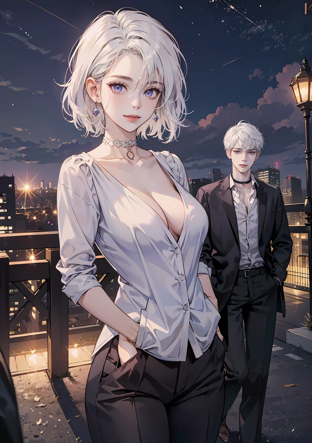(masterpiece, best quality:1.2), cowboy shot, solo, 1girl, white hair, short wavy hair, purple eyes, (large breasts: 1.2), cleavage, slender body, light smile, looking at viewer, hands in pockets, formal, dark suit, topless, black pants, choker, earrings, cityscape scenery, street, night light,