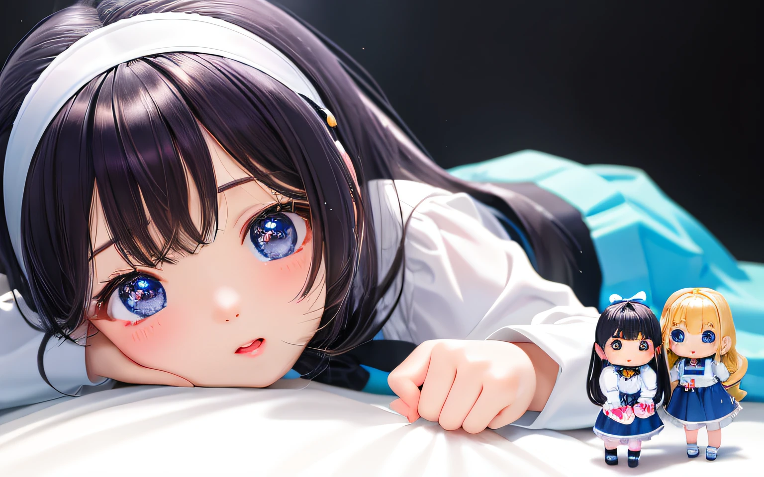 Lying face down,,Pop Mart Blind Box IP、Close up of 5 cute knight dolls、Young One Angel Style、Wear longer, Dress fluently、Lop style、Poseline doll、Little people々々々々々々々々々々々々。Little people々々々々々々々々々々々々、unreal enginee 5、Light 3D/C4D production: 8K HD quality/illuminating/Ultra-fine lens description 1.5、flawless、Chibi Background/Cinematic。