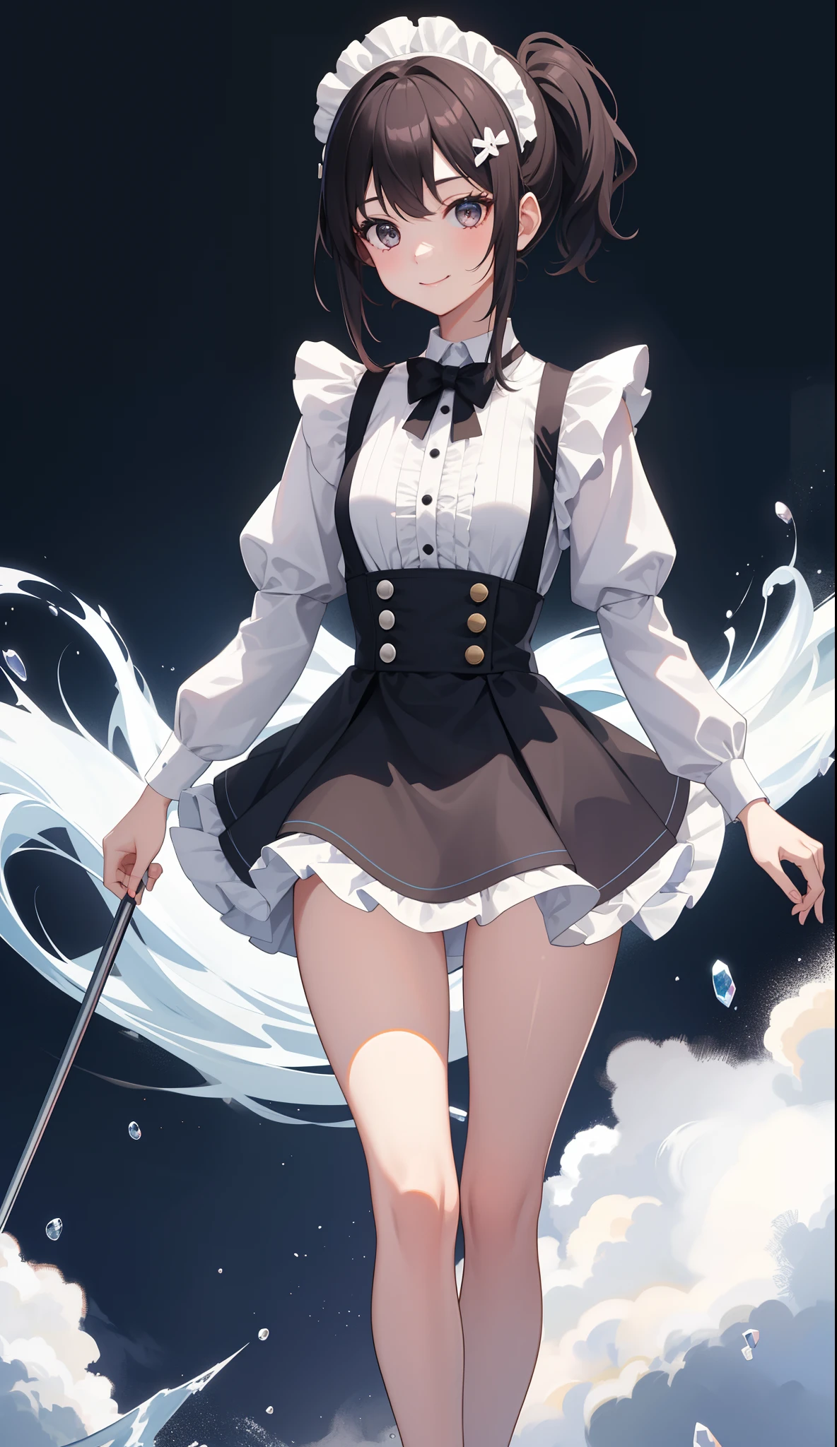 1girl in、AS-Adult、A smile、The shirt、Ultra mini skirt、pantiy、（small tits）、doress、pinafore、Hair decoration、（Maid costume）、Walking with a thigh、Upper body portrait、