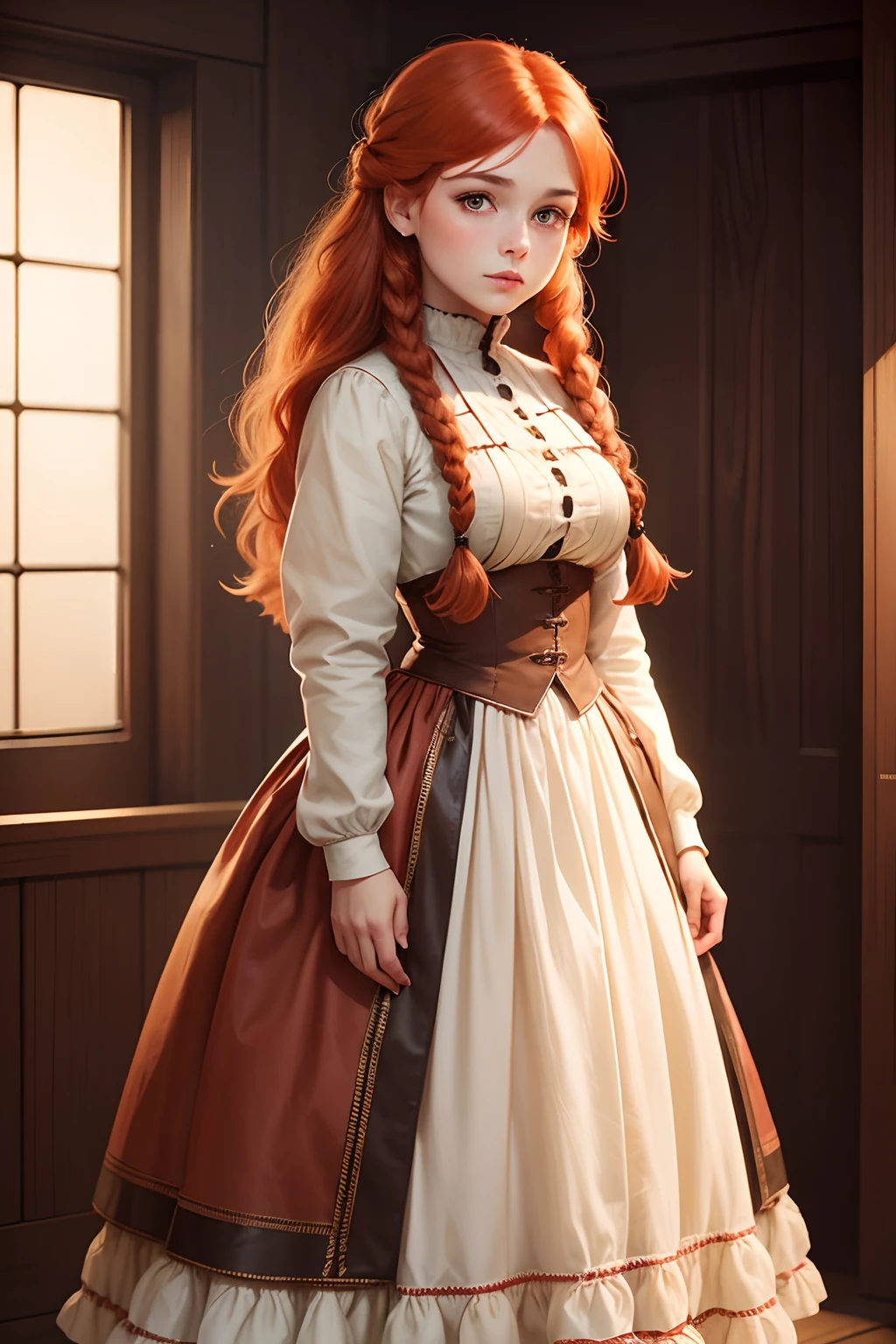 woman dressed in 1900s clothing, woman with braids, woman with coppery red hair, chibi drawing style, no background