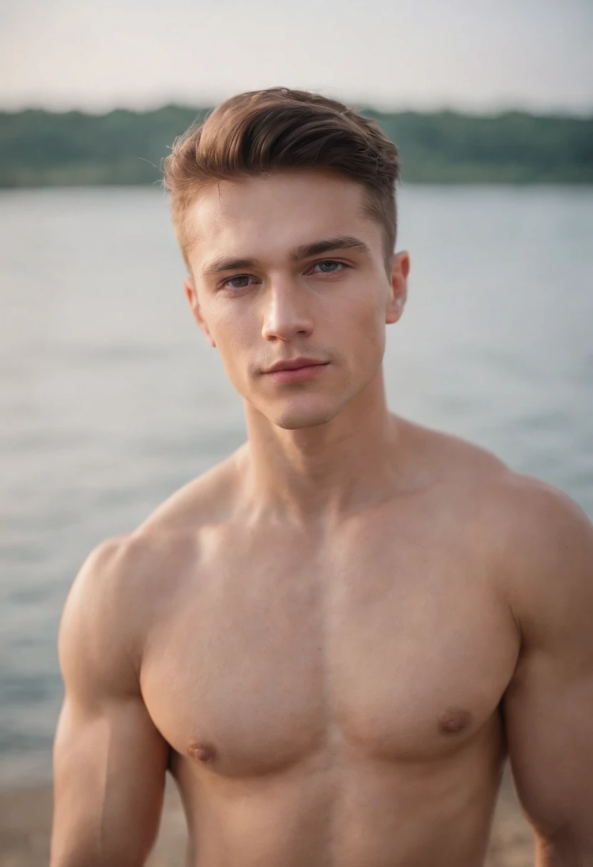 photo plan d&#39;Even sexy young Ukrainian man with visible buttocks completely naked, The muscular body a symmetrical face, outdoor lighting, A sullen atmosphere, sharp eyes, hyper sexy, in a swimsuit at the sea