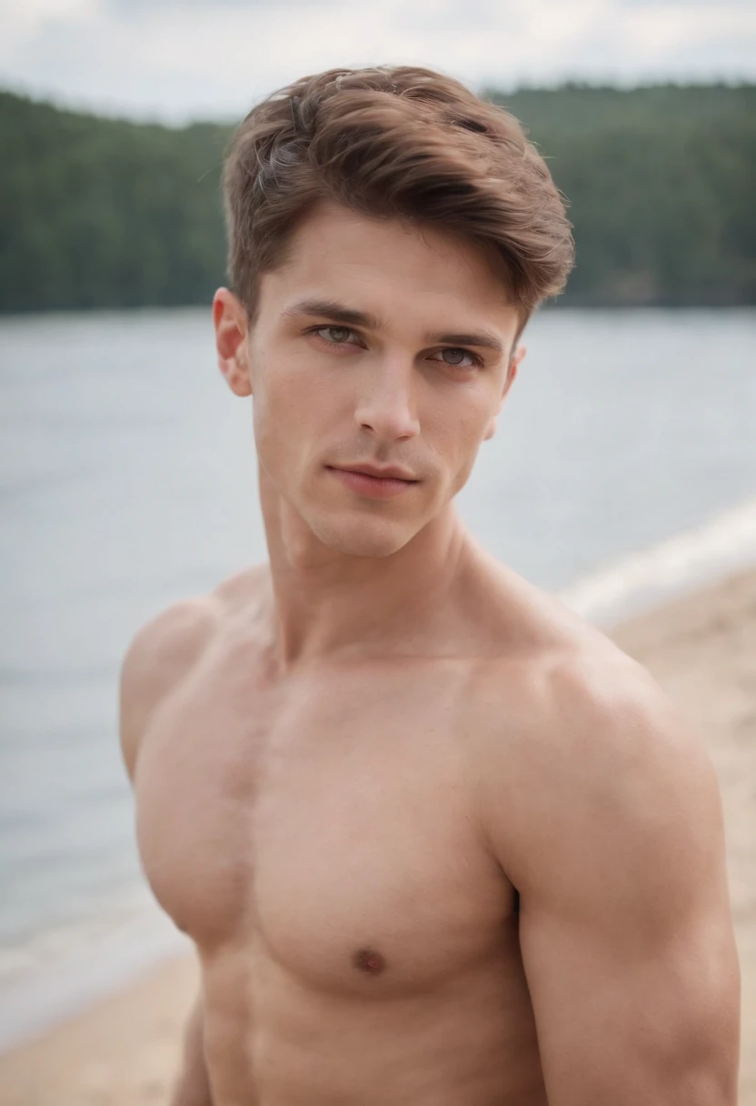 photo plan d&#39;Even sexy young Ukrainian man with visible buttocks completely naked, The muscular body a symmetrical face, outdoor lighting, A sullen atmosphere, sharp eyes, hyper sexy, in a swimsuit at the sea