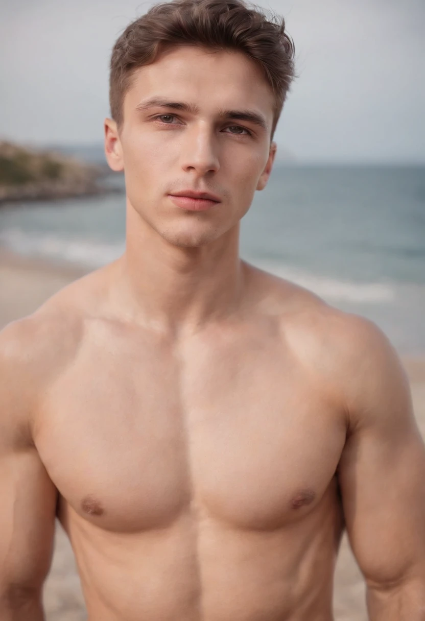 photo plan d&#39;Even sexy young Ukrainian man with visible buttocks completely naked, The muscular body a symmetrical face, outdoor lighting, A sullen atmosphere, sharp eyes, hyper sexy, in a swimsuit at the sea