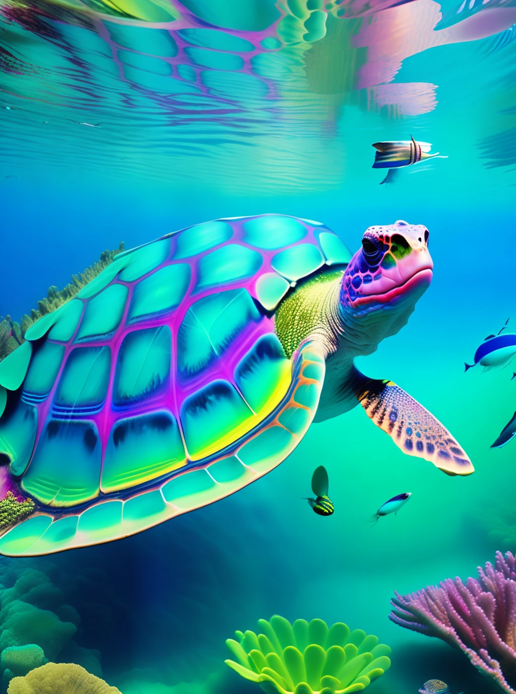 Create an aquatic spectrum, tartaruga marinha,high angle, colorido, psicodelic,8k