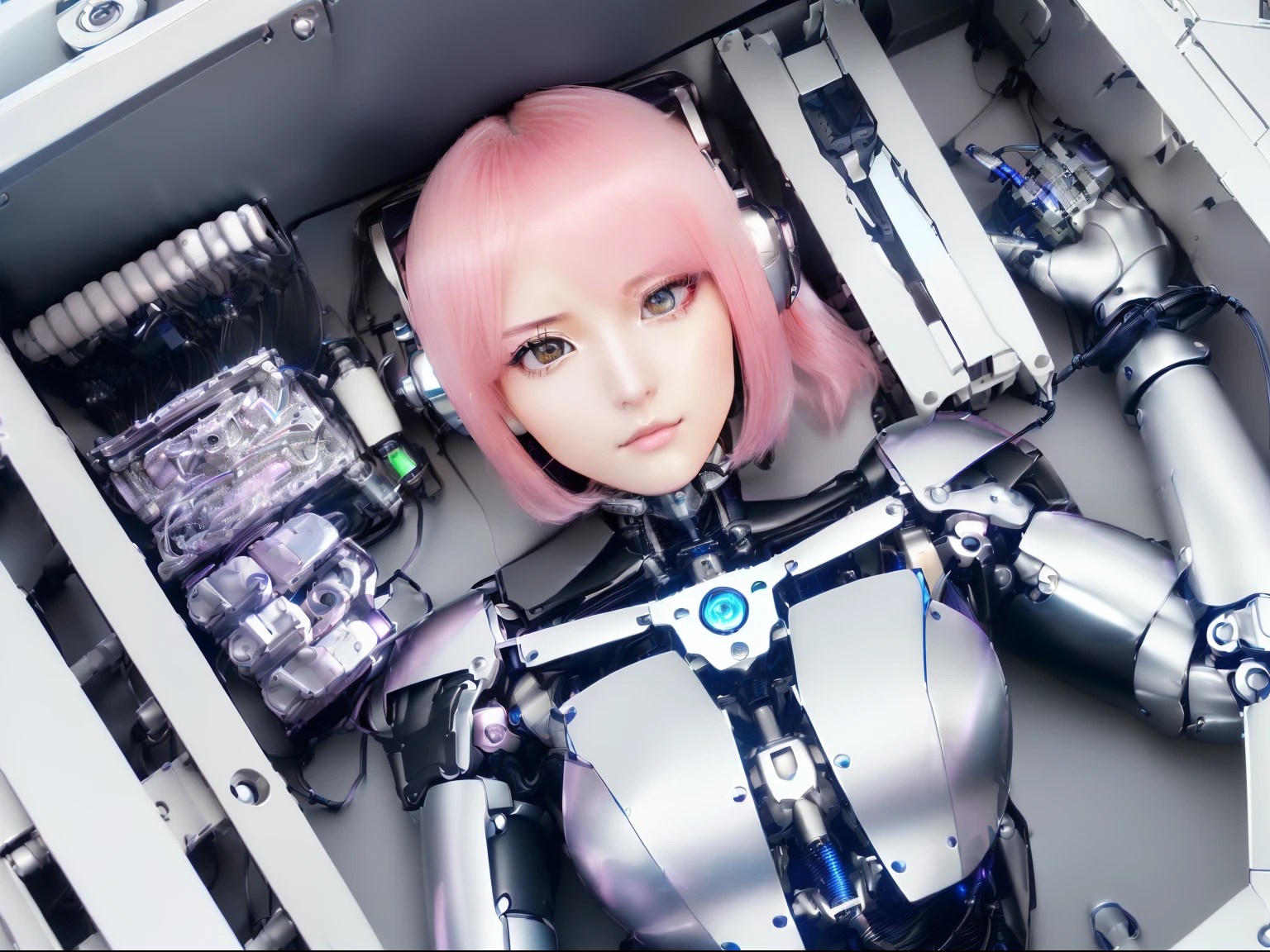 ((masutepiece)), ((top-quality), high quarity、ultra-definition, Realistic,  (Ultra-fine face)、fulcolor 、One beautiful robot police woman、(Mechanical joints:1.1)、Parts of the machine、Thick wire joints、White porcelain mechanical armor、(Curvaceous face)、deadpan、pink straight hair、((Electronic substrate))、Lying , Looking away, From  above