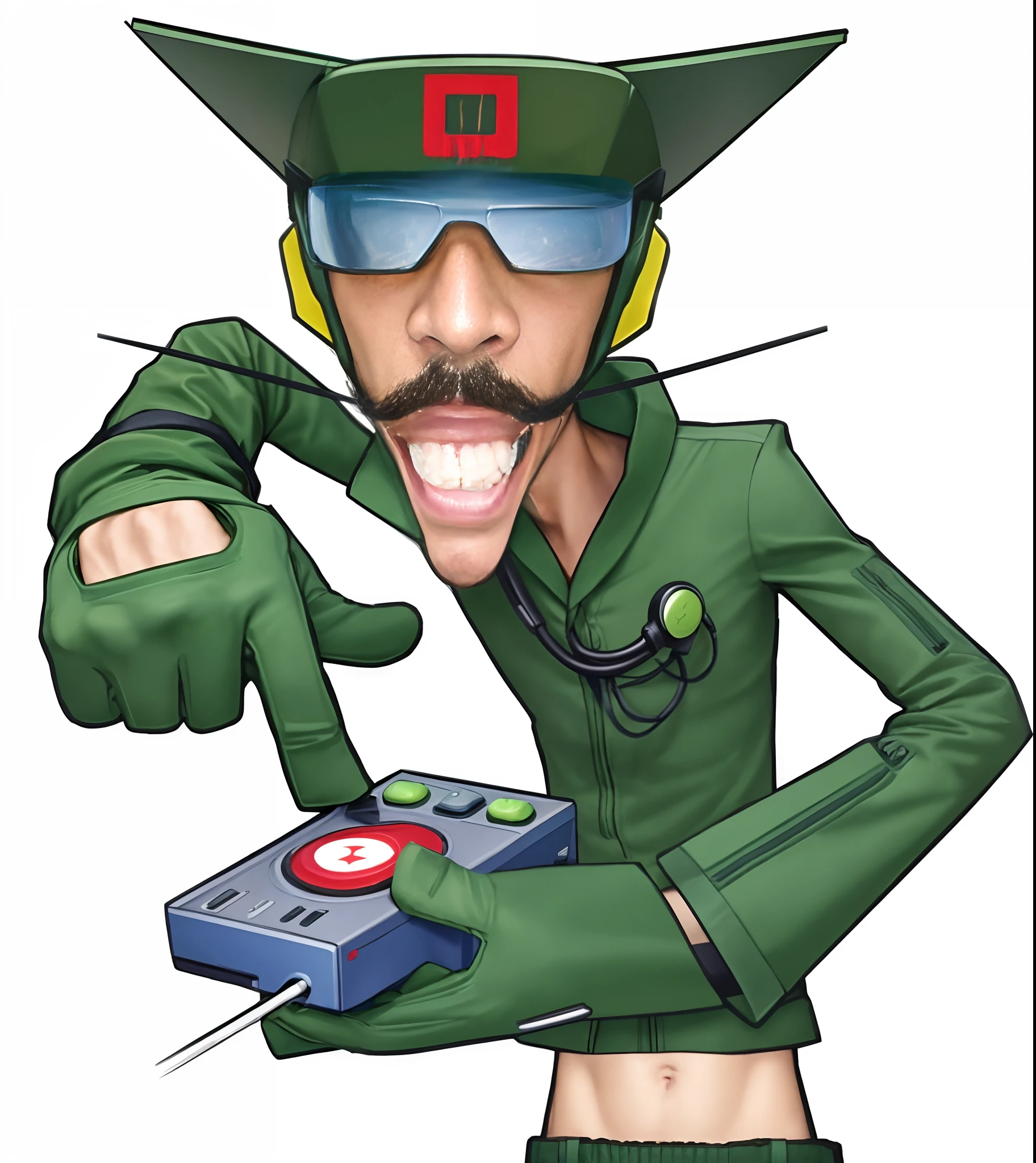 Ultra realistic man in a green uniform, wear a dark green mask with red D logo on head and cyan glass visor, black english mustaches, big incisor teeth, holding a game controller, doc ock, art depicting control freak, tezuka osamu