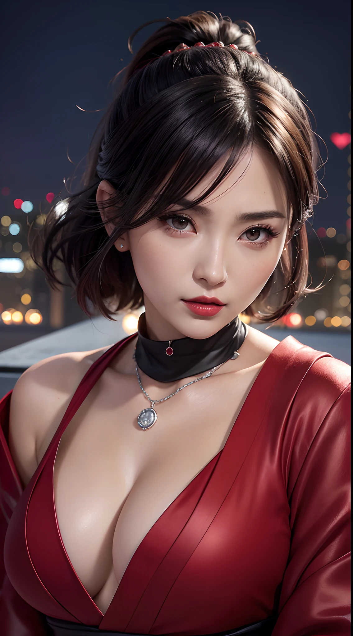(hyper realstic)、Modern kunoichi、(Female Ninja of the 21st Century)、Beautie high-level image quality hight resolution Realistic Shorthair、Woman with dark hair、A MILF、Middle-aged woman、Big big、Detailed red-black 、detailed skin textures、超A high resolution、Realistic、Voluptuous body shape、angry looking face、Middle-aged beauty、Beautiful expression、With detailed red-black areola 、detailed brown eyes、long fluffy hair、Kamimei、Very delicate and detailed skin texture、35 years old、{There is a helipad at night((Being on the roof of a skyscraper))}、Modern kunoichi、Large cleavage、Large open neckline、bright red lips、Wearing a luxurious and luxurious ninja kimono in Gun Metallic、ear ornament、Silver collar and necklace、gorgeous hair decoration、
